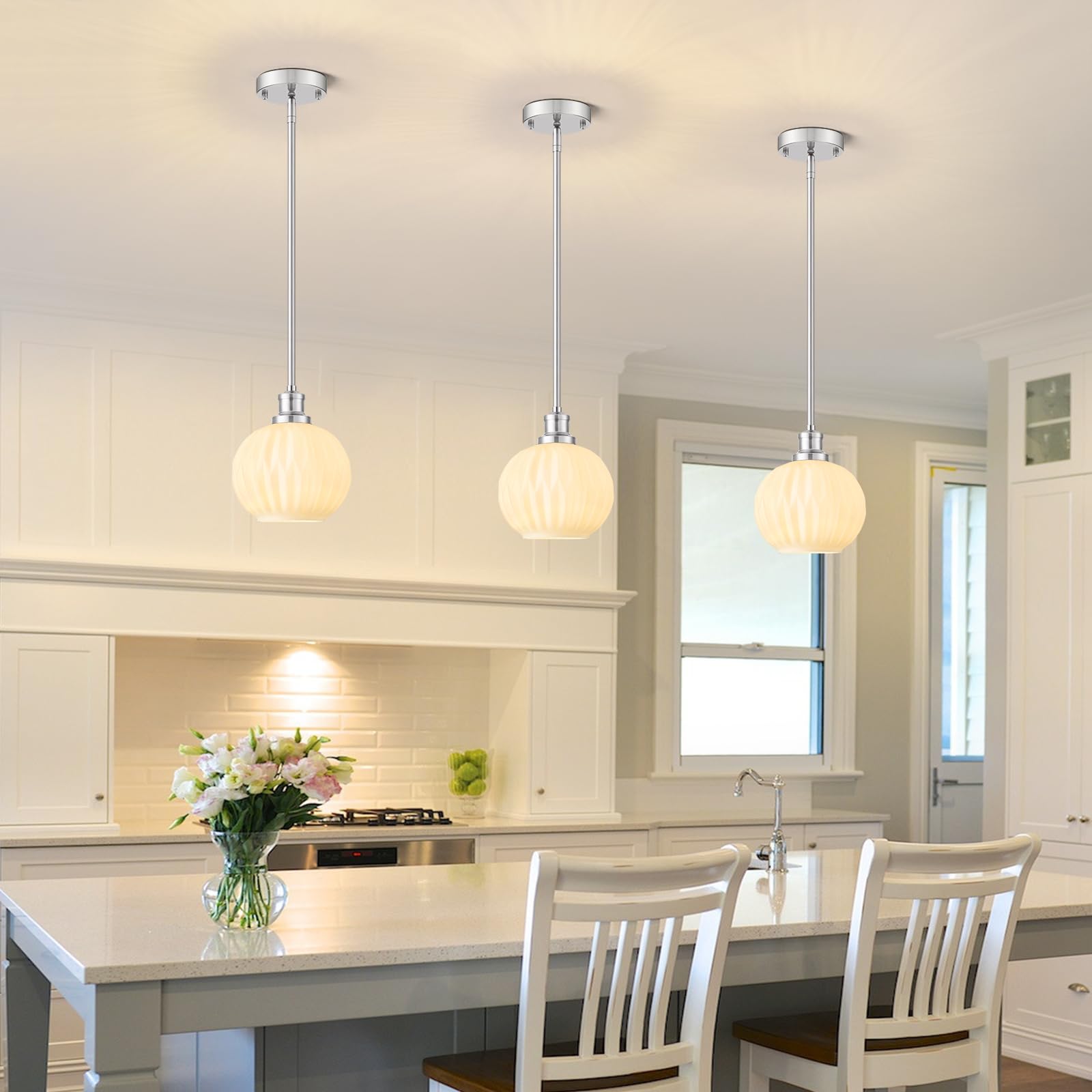 Karjearl 1-Light Glass Pendant Light, 7.1in Brushed Nickel, Globe Hanging Fixture for Kitchen, Dining Room, Model LTMM01