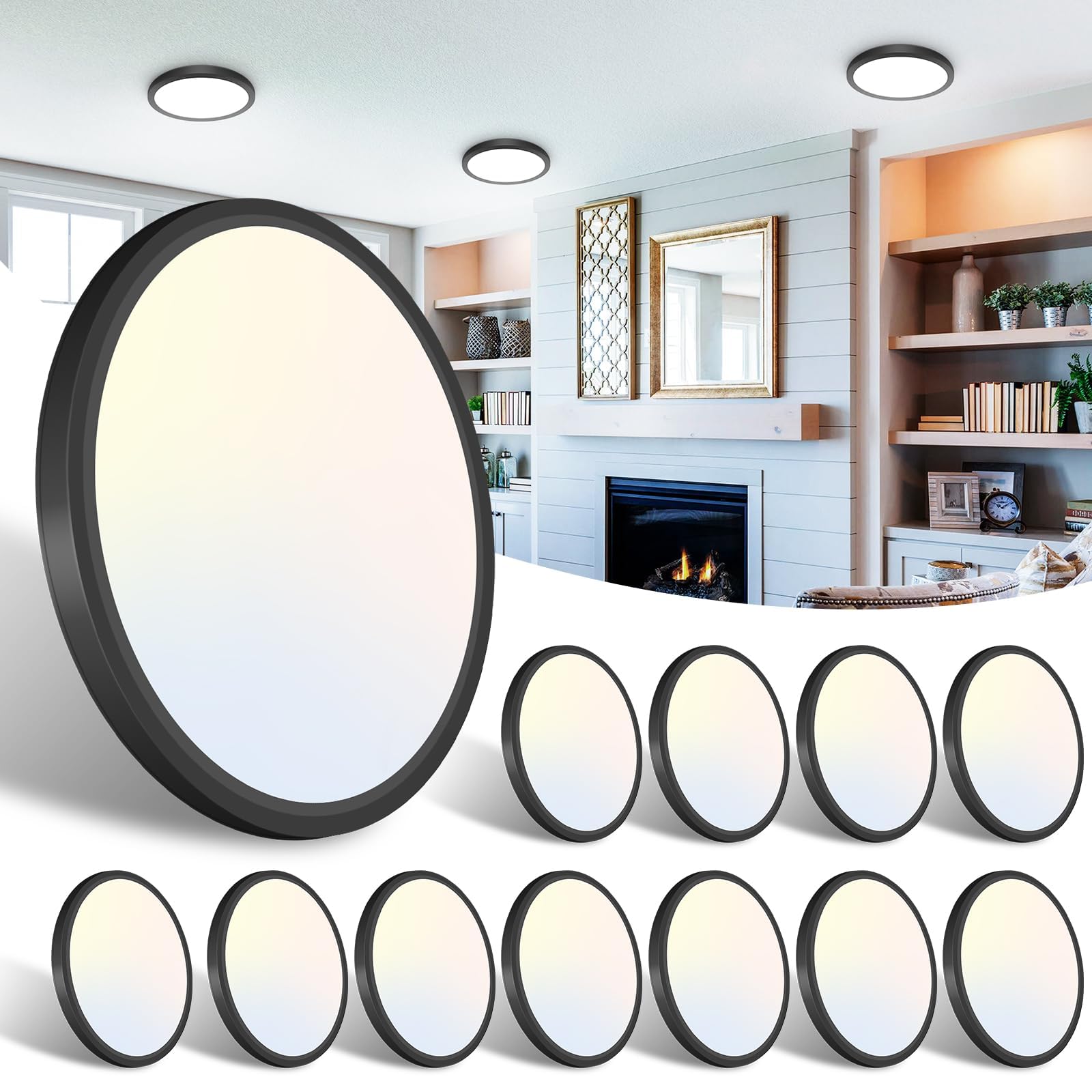 libtit 12 Pack Black Led Ceiling Light - 7 Inch 15W 1500Lm Small Ceiling Lighting Fixture, 3000K/4000K/6500K Color Selectable, R