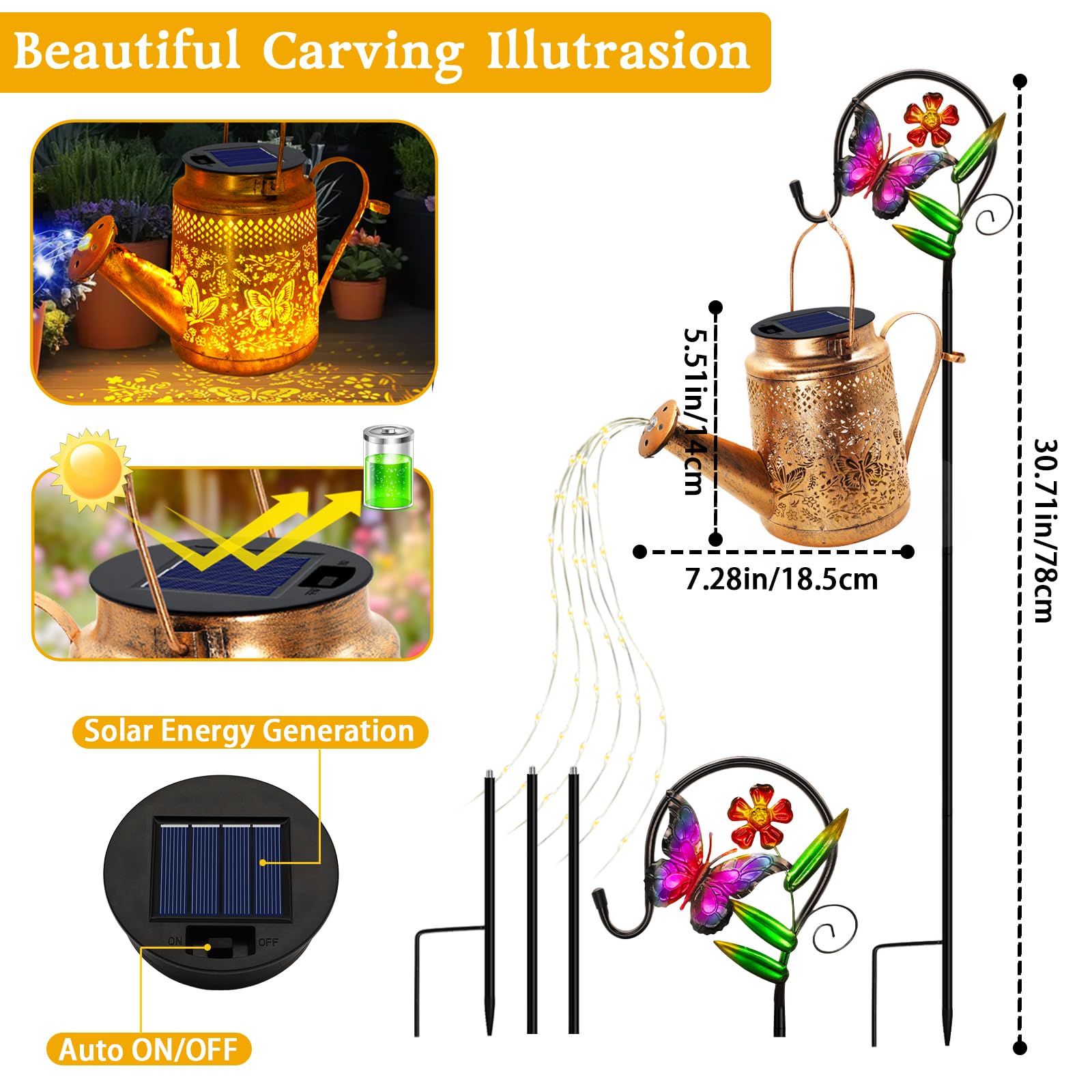 Butterfly Solar Lights Outdoor Waterproof  Solar Watering Can Lights With Shepherd Hook  Metal Hanging Lantern Garden Decor Yard Outside Patio Lawn  Gifts For Mom Grandma Women Birthday