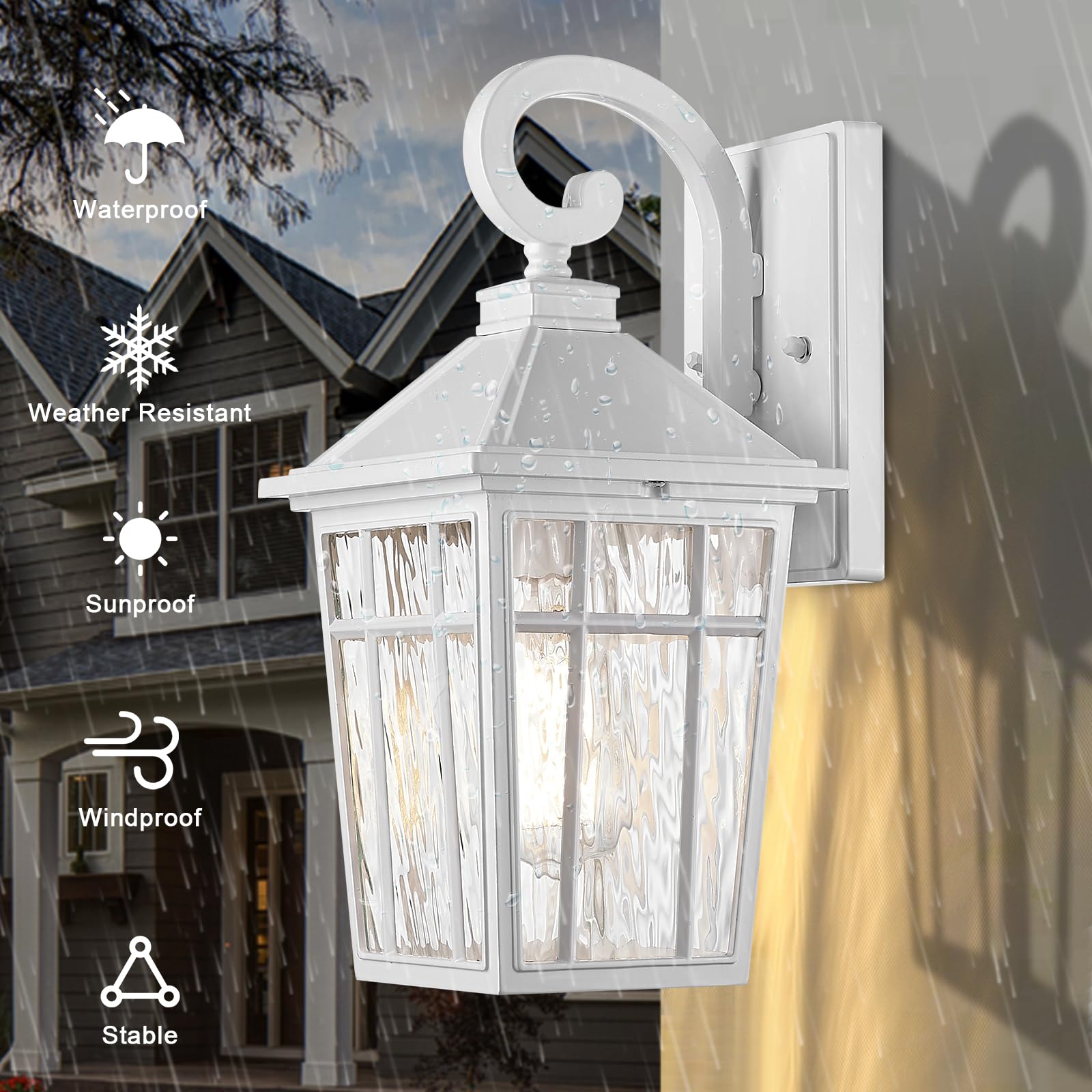 Darkaway Outdoor Wall Lights For House  Exterior Lighting Fixtures Wall Mount Outside Porch Lights Waterproof White Outdoor Sconce Lights With Water Ripple Glass For Patio Garage Front Door