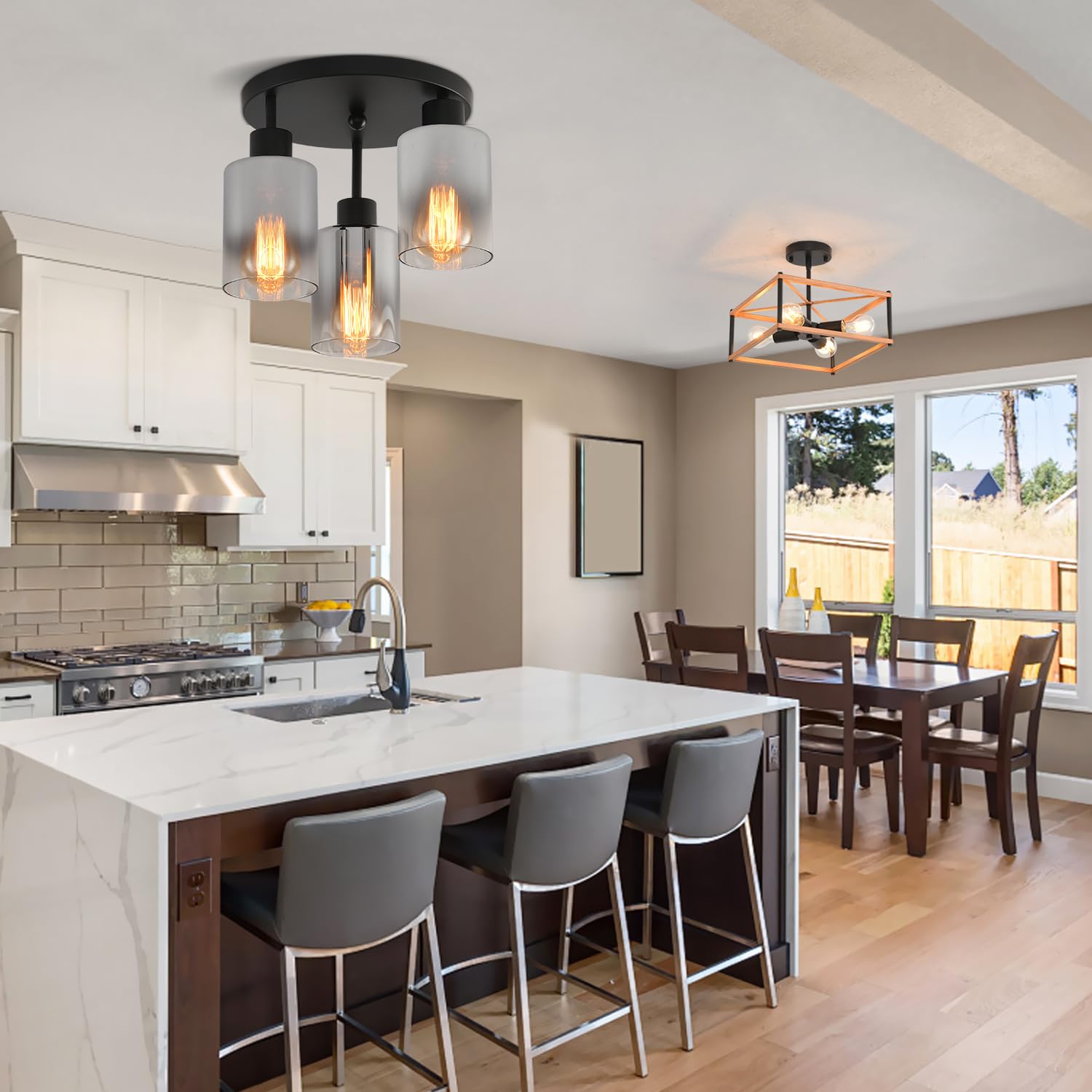 Ihengyanlt 3-Light Industrial Farmhouse Black Matte Light Fixtures Ceiling Mount, With Smoke Gray Glass Shades Semi Flush Mount