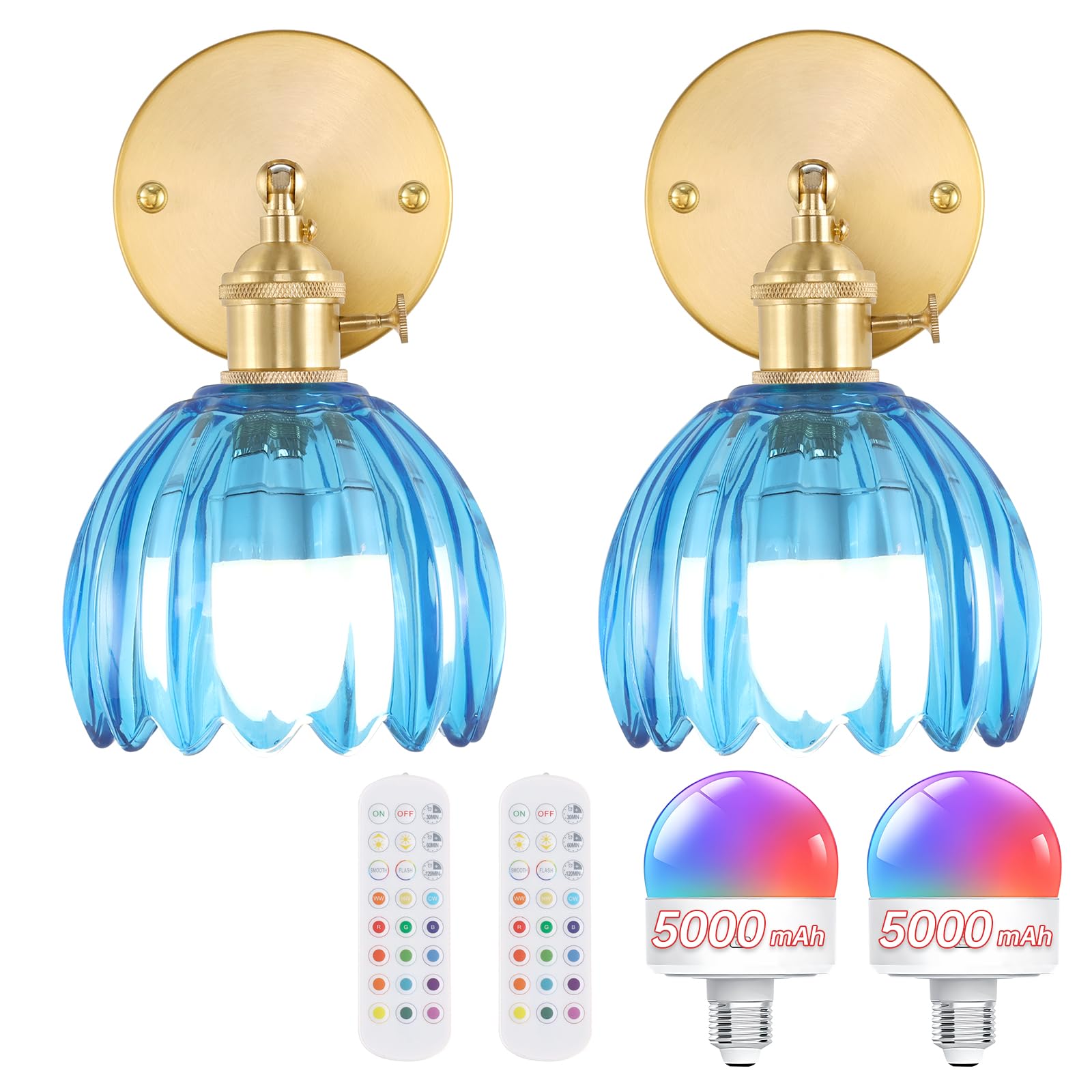 Shenmoyl Vintage Wall Sconce Set of 2, 5000 mAh Battery Operated, Glass Tulip Blue & Clear, Remote Control, Model cda04aa3-e28b