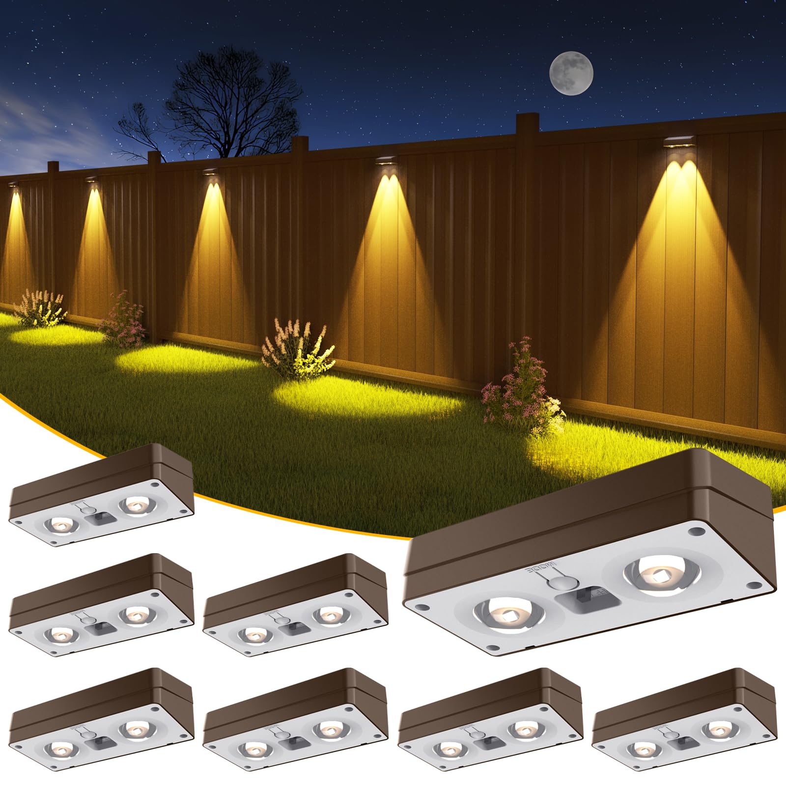 JOFIOS Solar Fence Lights 8 Pack Brown  50 Lumens Outdoor Fence Lights Solar Powered with 12 Modes RGB Color Glow  LED Deck Lighting Outdoor Waterproof IP65  Backyard  Deck  Porch  Railing  Pool  Wall
