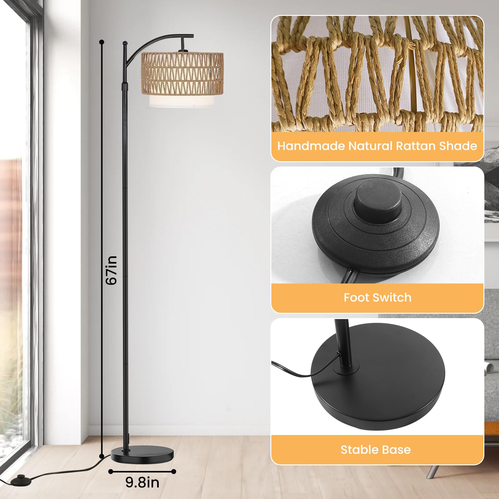 Yusist Arc Floor Lamp For Living Room,Farmhouse Floor Lamps With Remote Control & Dimmable Bulb,Rattan Boho Tall Standing Lamp F