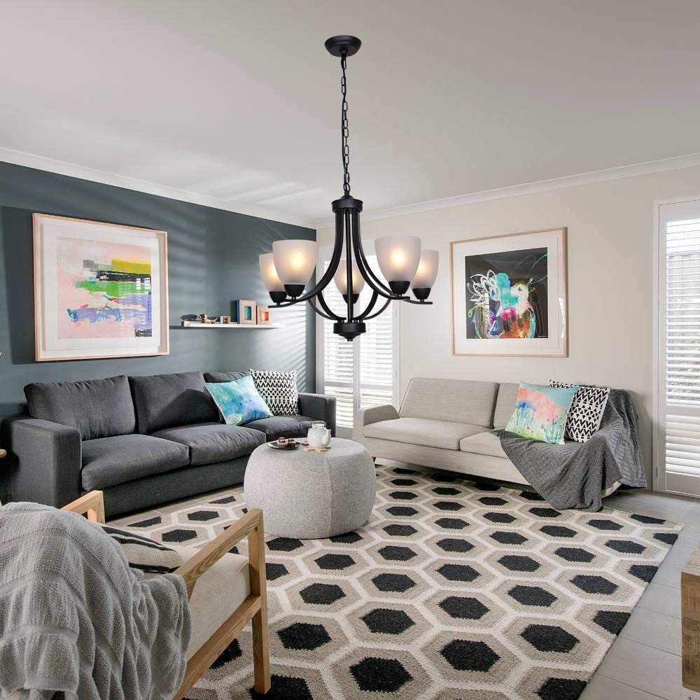 VINLUZ 5 Light Contemporary Chandelier, Black Metal, Alabaster Glass, Model 355-5-11, Ideal for Dining Room and Living Spaces