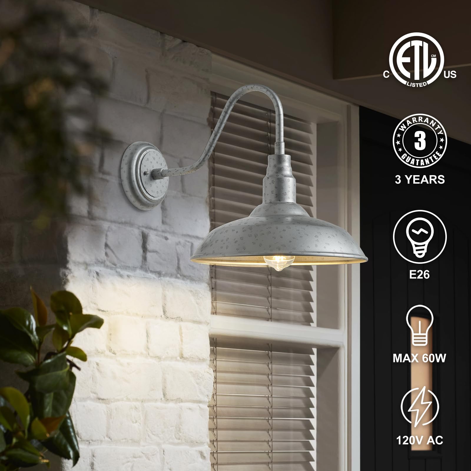 GOALPLUS Gooseneck Barn Light, 10in Dome, Galvanized Steel, Outdoor Wall Lantern, Model LM2201-SV