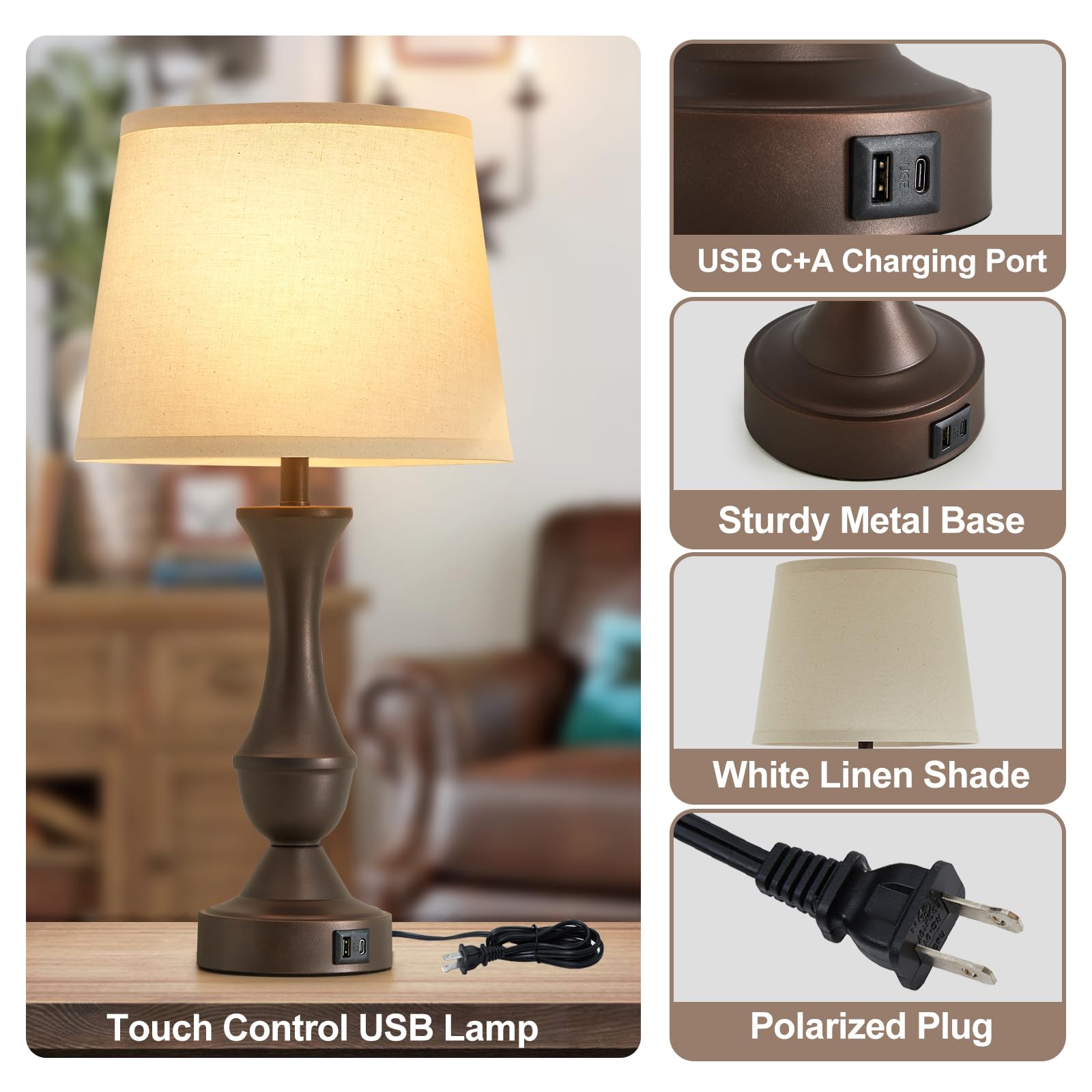 Luvkczc 22in Vintage Brown Table Lamp Set of 2 - 3-Way Dimmable, USB Ports, Beige Shade, Model 73008N