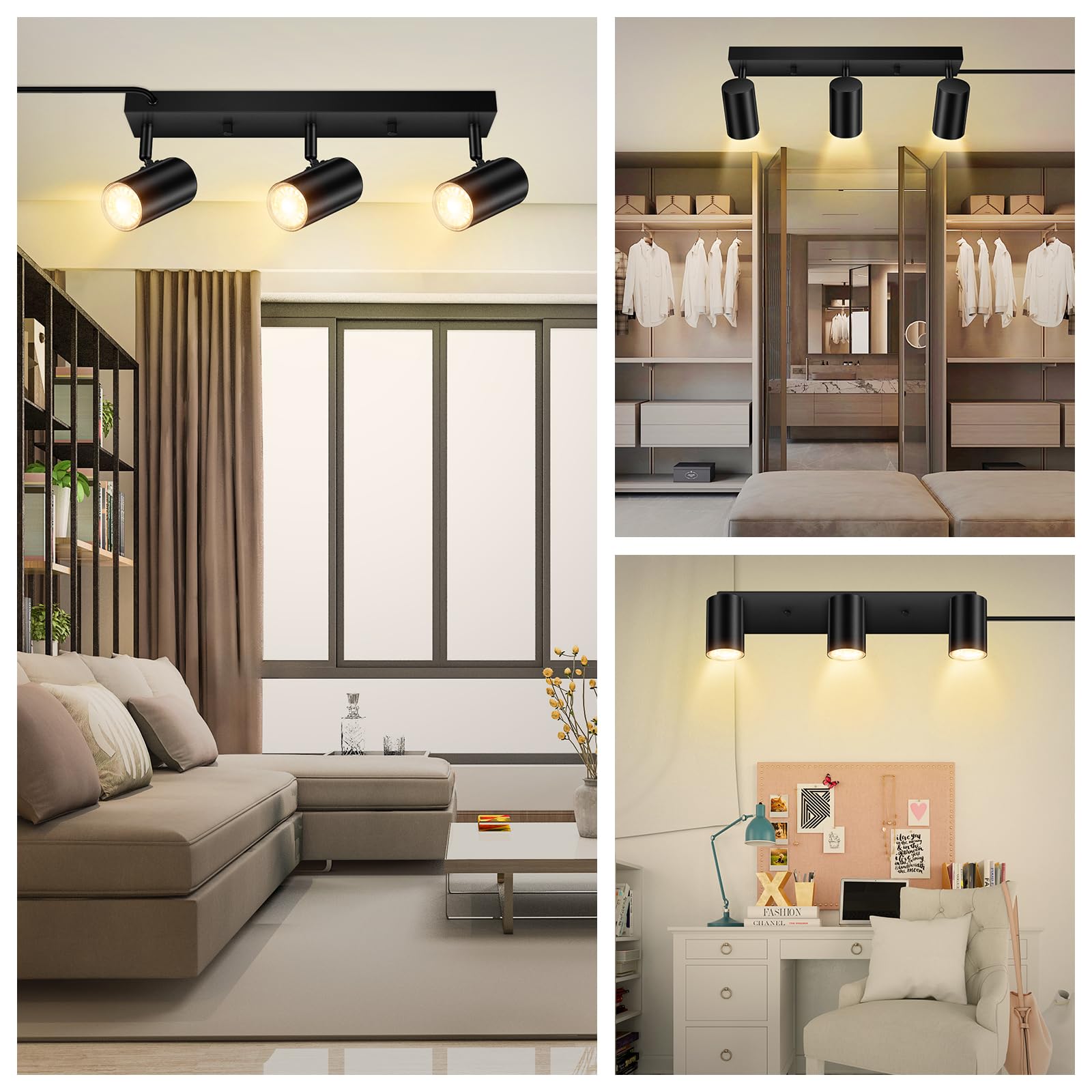 Auquee 3 Light Track Lighting Kit,Black 3 Way Modern Plug In Ceiling Spotlight,Industrial Led Wall Light For Kitchen Cabinet Gal