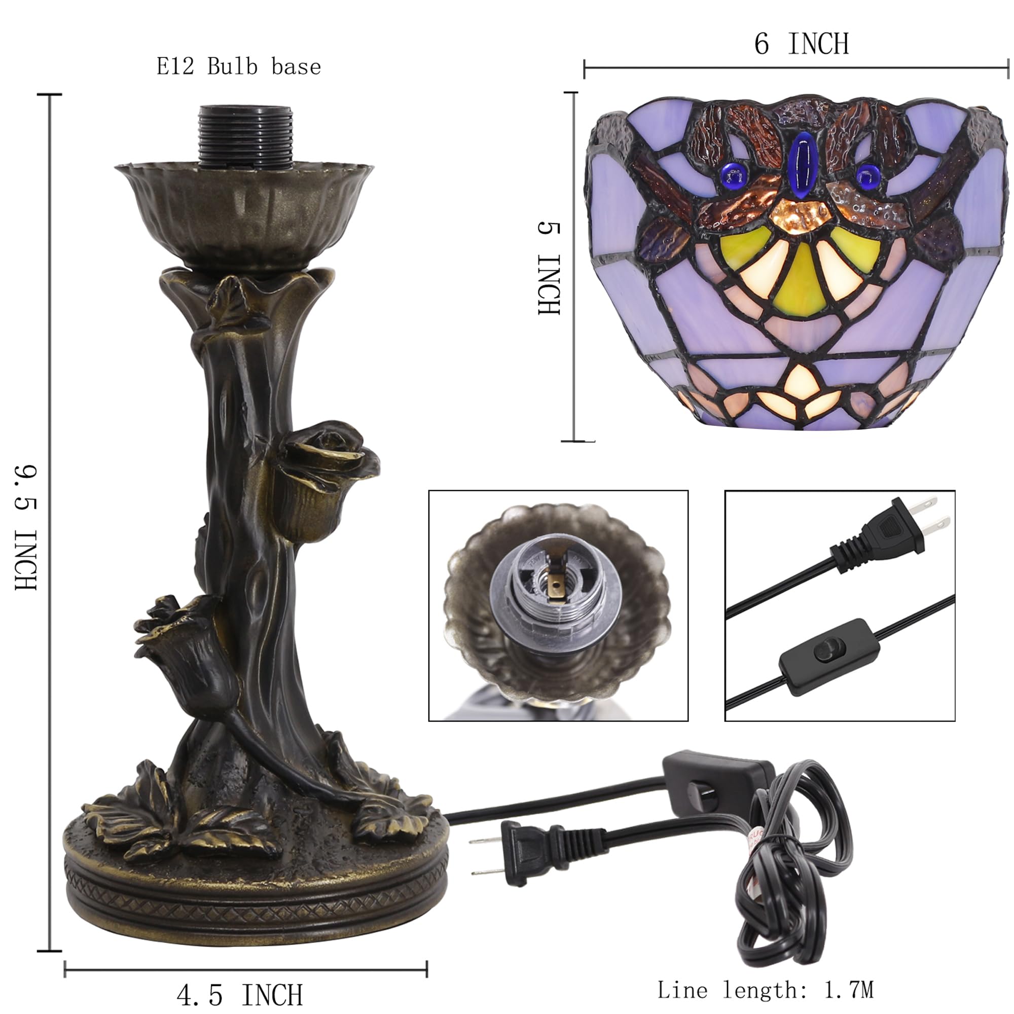 Avivadirect Small Tiffany Lamp Stained Glass Table Lamp Desk Uplight 6X6X13.5 Inch For Bedroom Bedside Office (Blue Baroque)