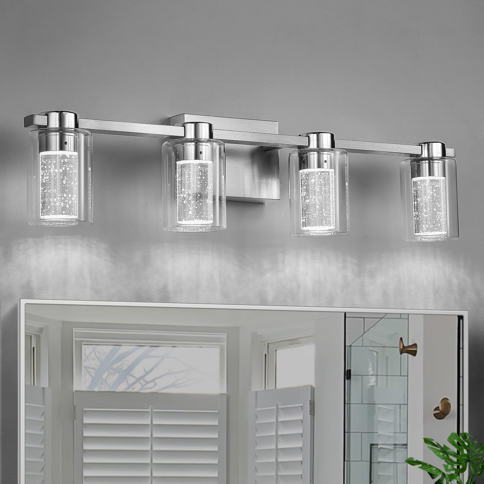 Zhizenl 4-Light Bathroom Light Fixtures, Brushed Nickel Vanity Lights, Dimmable Led Bathroom Vanity Light Over Mirror, Modern Crystal Vanity Lights For Bathroom Bedroom Hallway (Cool/Neutral/Warm)