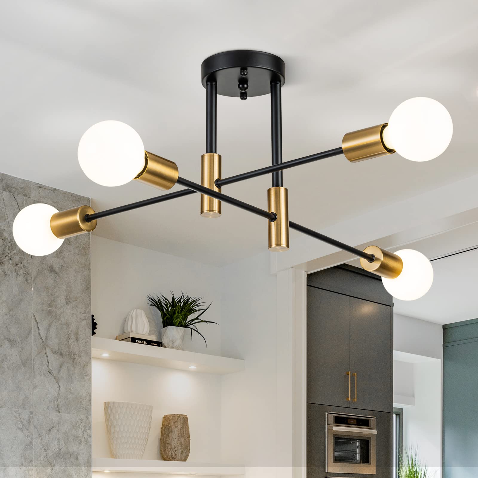 Brknit 4-Light Black Gold Sputnik Chandelier, Modern Flush Mount Ceiling Light Fixture