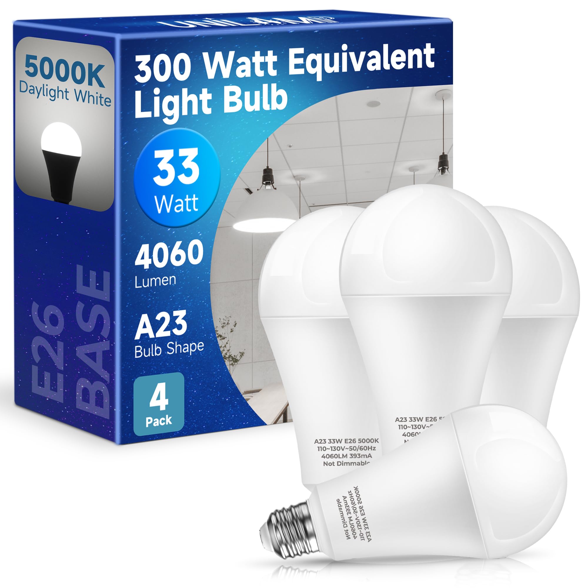 Unilamp 200-300 Watt Equivalent Light Bulb, 33W Led Light Bulb E26 Daylight 5000K, Super Bright 4060Lm, A23 Led Edison Screw Bul