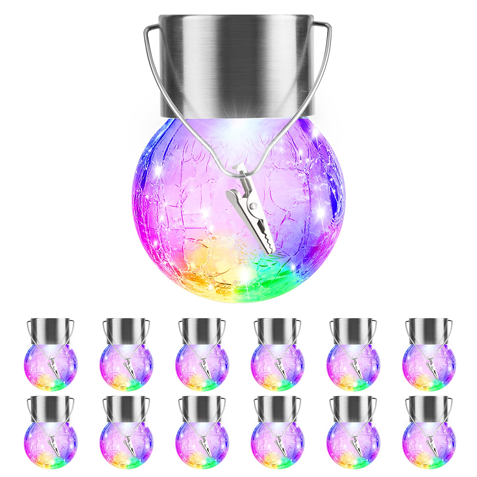 Partphoner 12 Pack Solar Globe Lights - Waterproof  ed Glass Lanterns, Color Changing, Stainless Steel, Model Pa1168