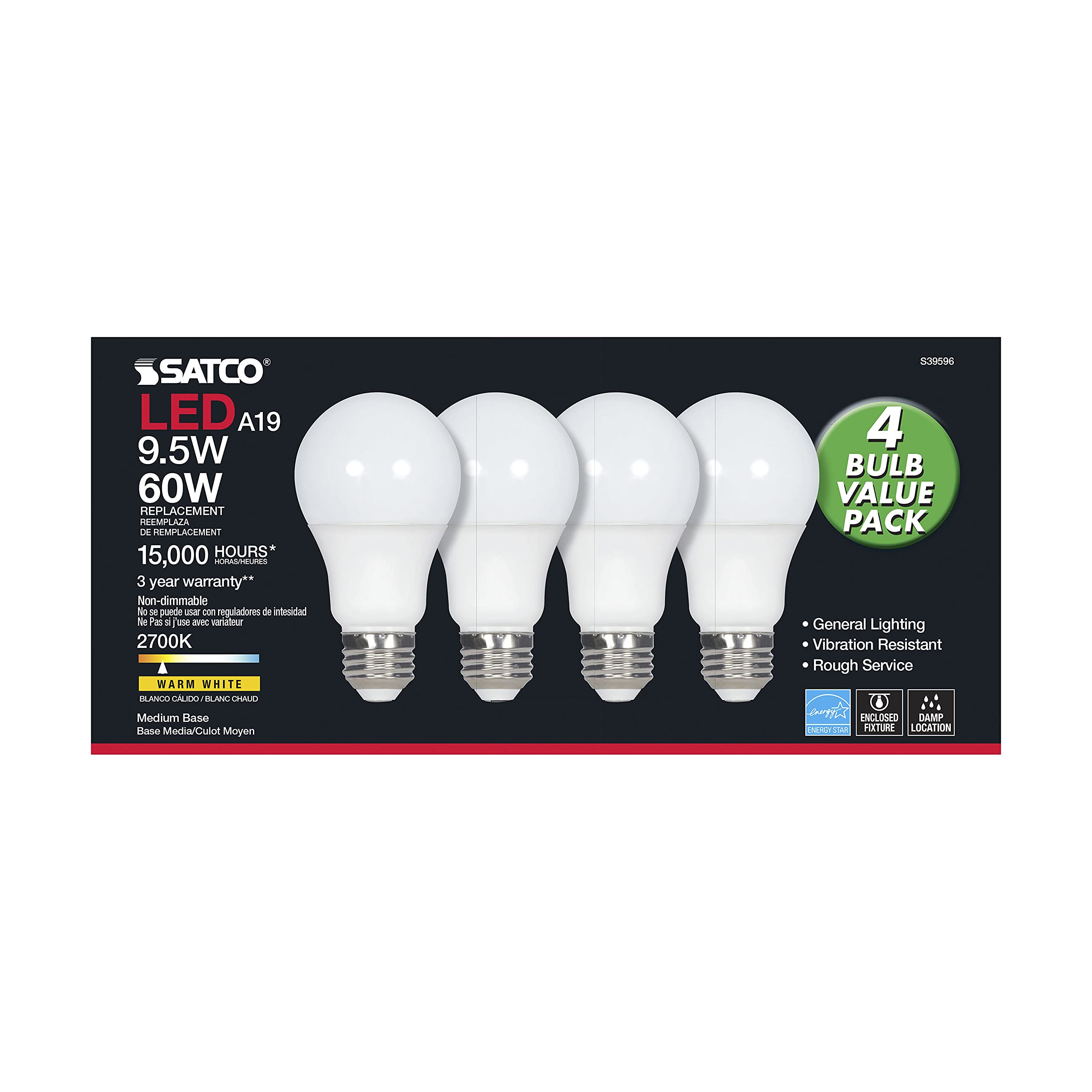 Satco S39596 LED A19 Light Bulbs, 9.5W, 2700K, 4-Pack, White Glass