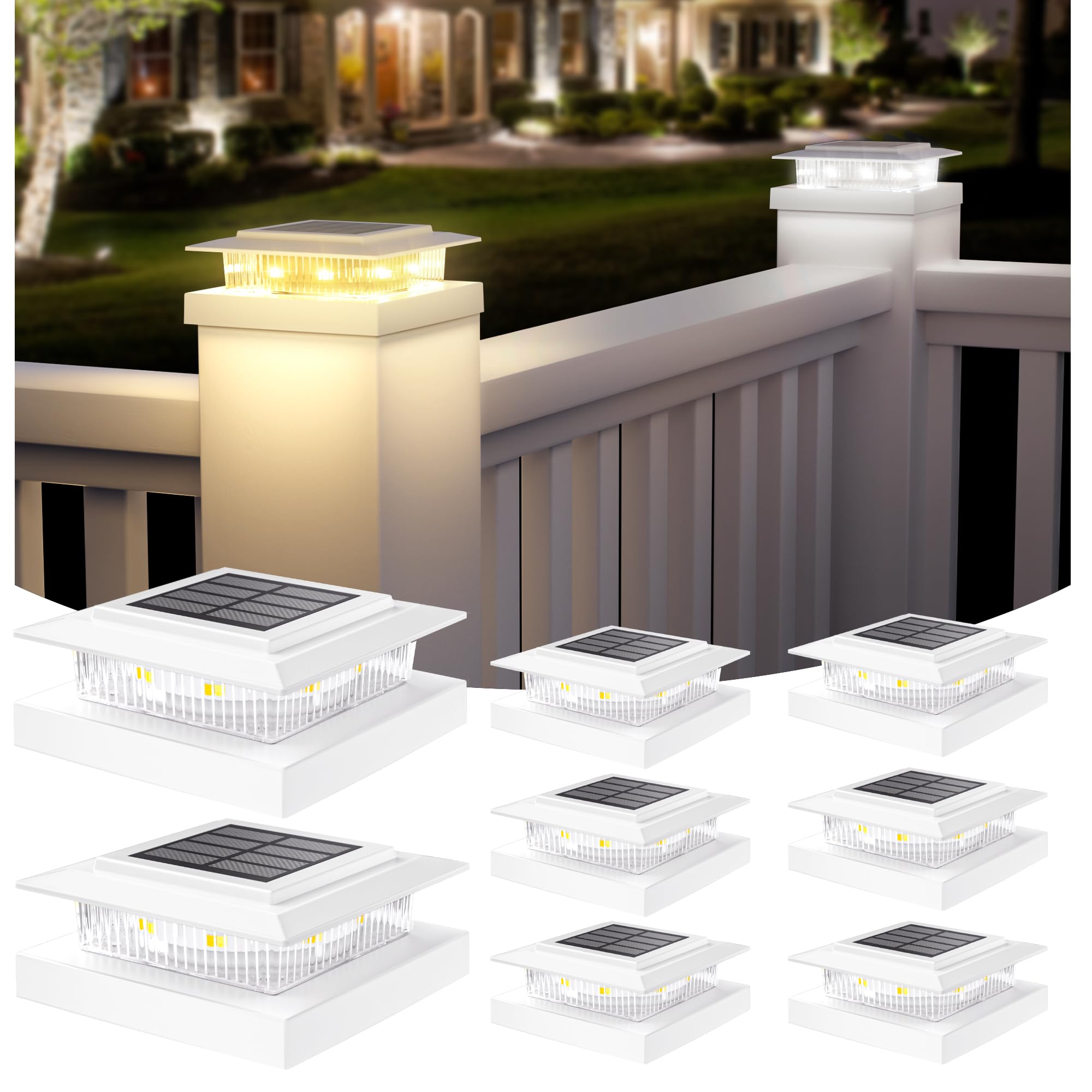 APONUO Solar Post Cap Lights, Waterproof LED for 4x4/5x5 Posts, Auto On/Off, Easy Install, White, 8 Pack, Model M013