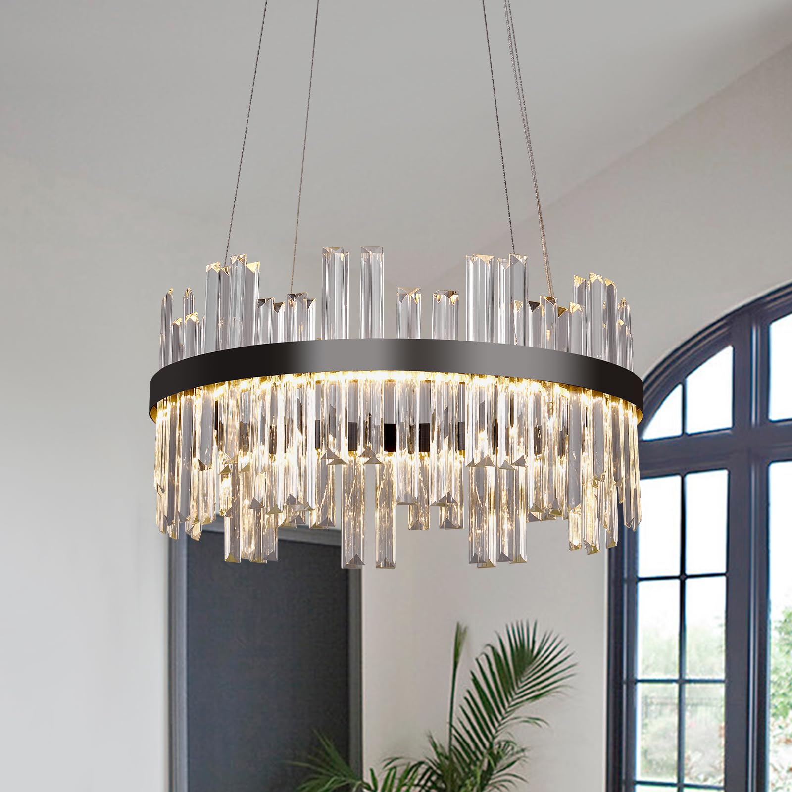 Black Led Modern Crystal Chandelier: 19.7 Round Contemporary 3 Color Dimmable Dining Room Light Fixture Over Table - Adjustable Lighting Chandeliers For Bedroom Living Kitchen Island Entryway Foyer