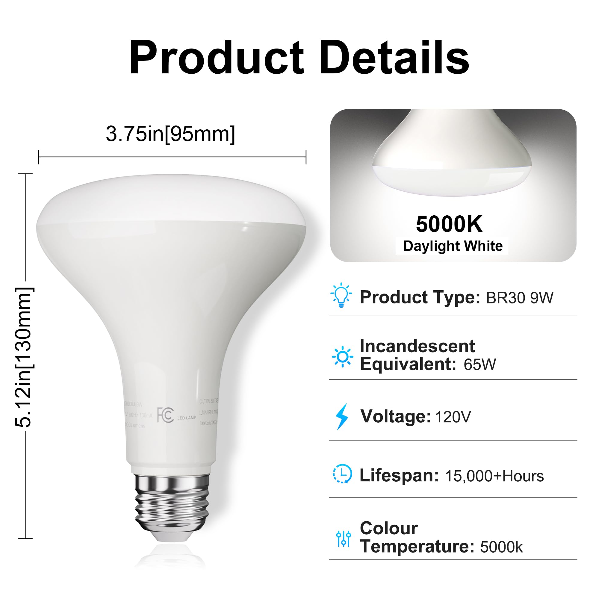 Led Flood Light Bulb Indoor, Dimmable Br30 Recessed Can Light Bulbs, 65 Watt Equivalent Efficient 9W, Daylight White 5000K, E26