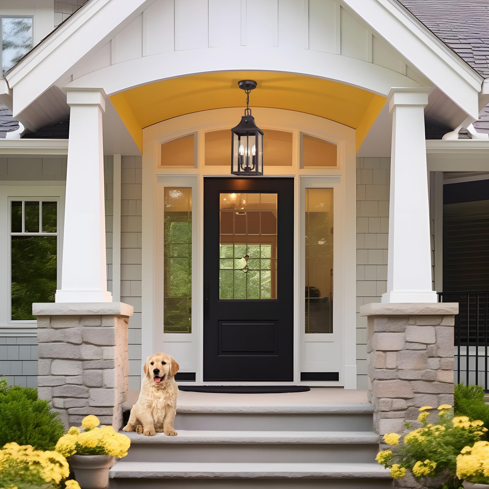 15.5'' Large Outdoor Pendant Light Fixtures 3-Light, Dusk To Dawn Exterior Hanging Lantern Porch Light Adjustable, Brown Hanging Lamp Farmhouse Exterior Chandelier Ceiling Mount For Entrance Patio