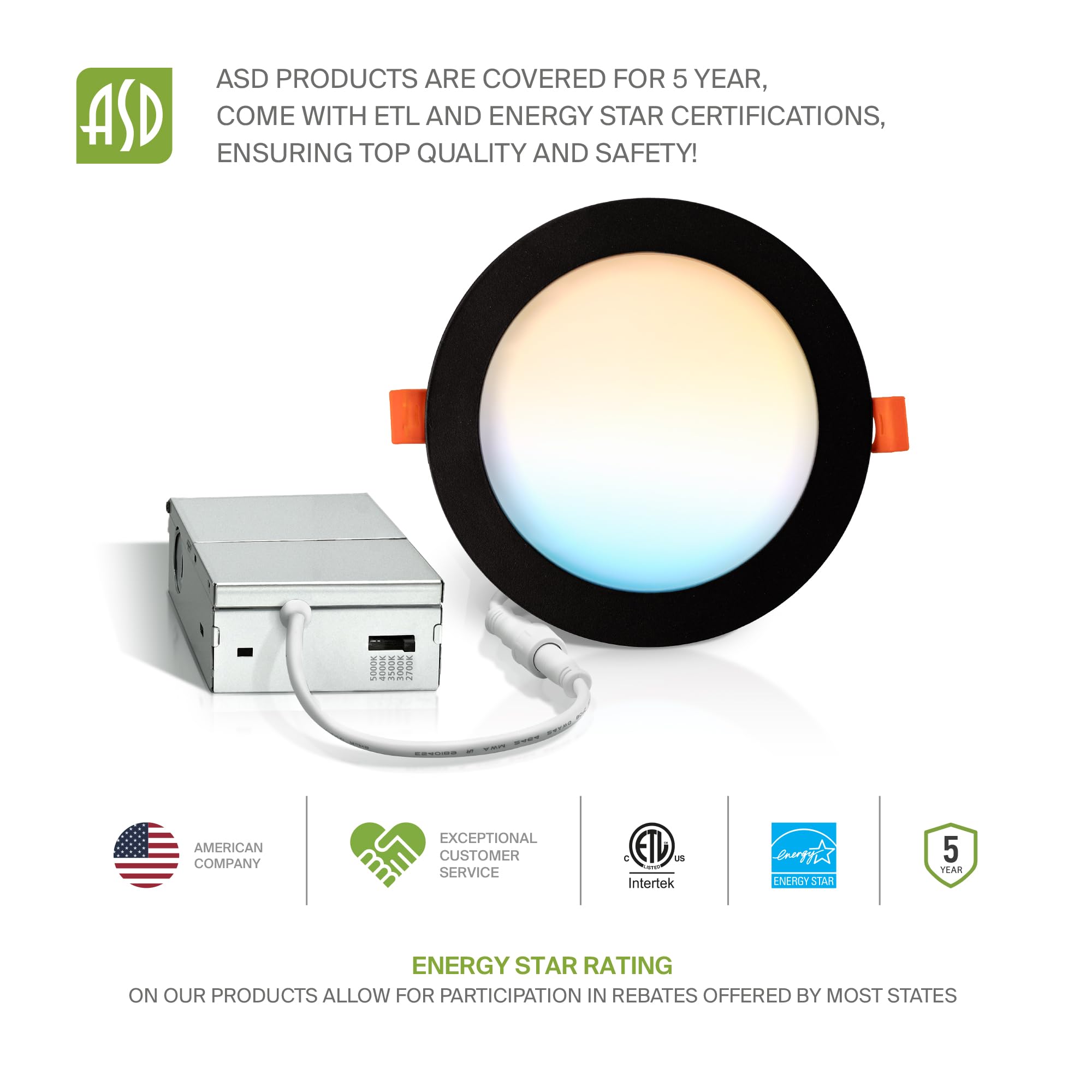 ASD 6 Pack LED Recessed Lighting, 12W Dimmable, 6 Inch, IC Rated, Black, Energy Star, Model A-JBR-6D12BK