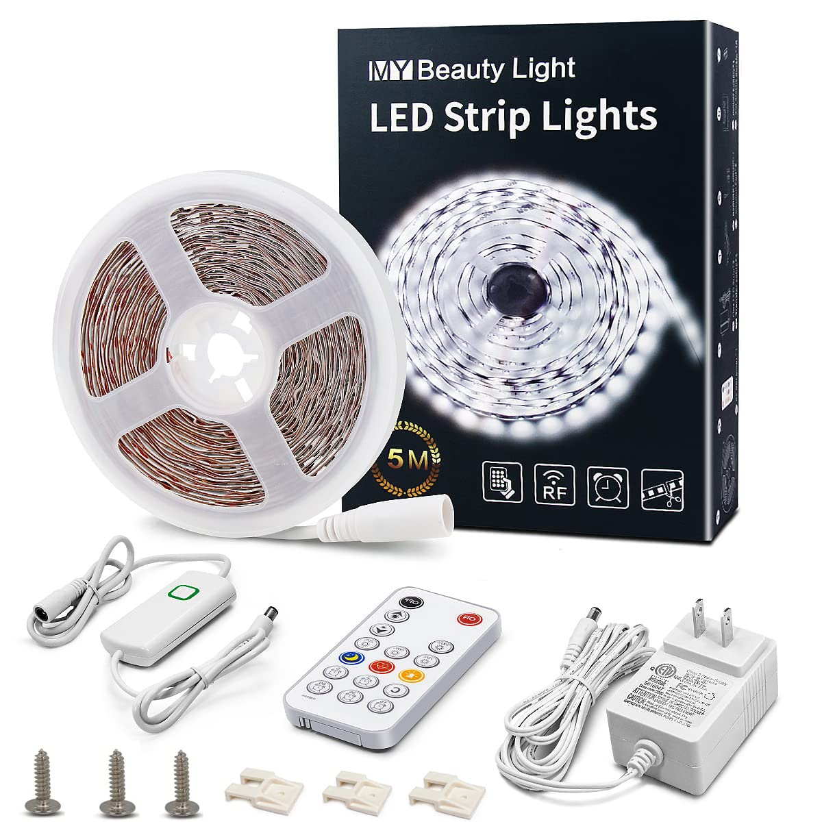 My Beauty Light Led Strip Lights White,16.4Ft Dimmable Led Light Strip With Rf Remote,300 Bright 6500K 2835 Leds,Plug-In Adhesiv