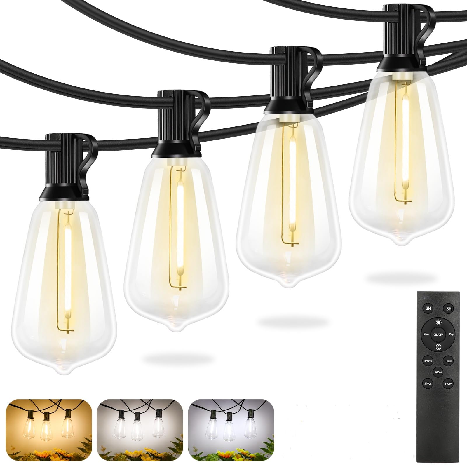 Brightever Outdoor String Lights 60FT, 3 Color Modes, 19 Shatterproof LED Bulbs, Black, Model CMPC-O25XA