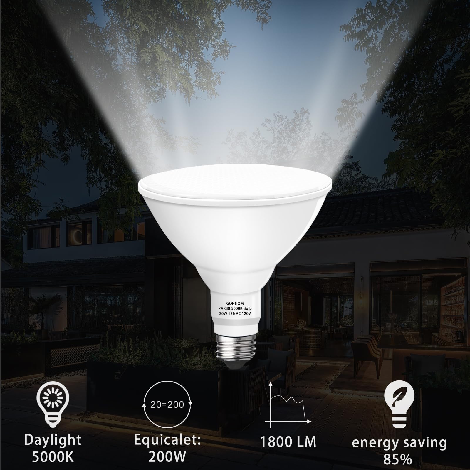Gonhom Par38 LED Flood Light Bulbs, 5000K Daylight, 20W (200W Equivalent), 1800LM, 2 Pack, E26 Base for Outdoor Use