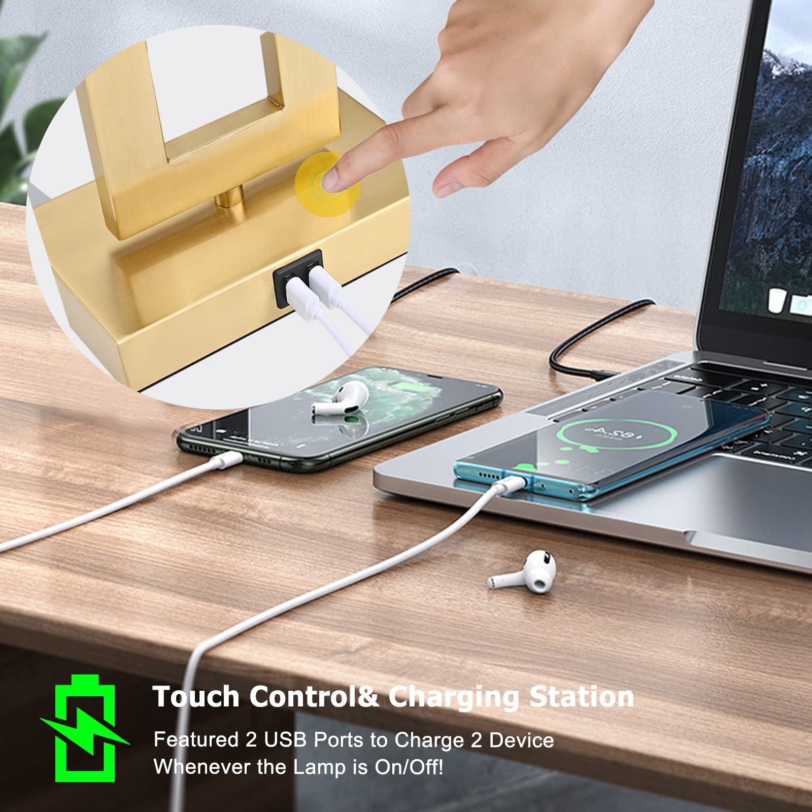 Brightwe 22 Touch Control Table Lamps - 3-Way Dimmable, 2 Usb Ports, Metal, White & Gold, Model Ql5166W, Led Bulbs Included