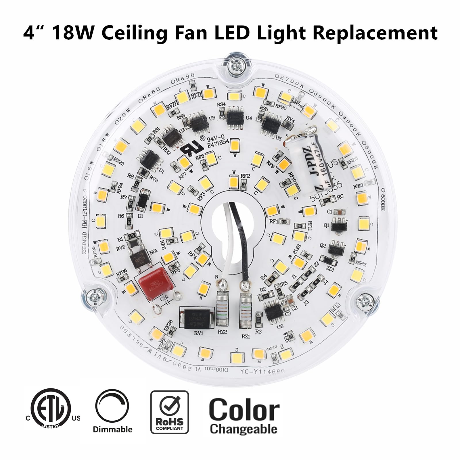 Ulikeled 18W Color Changeable Dimmable Led Ceiling Fan Light Kit - 3000K/4000K/500