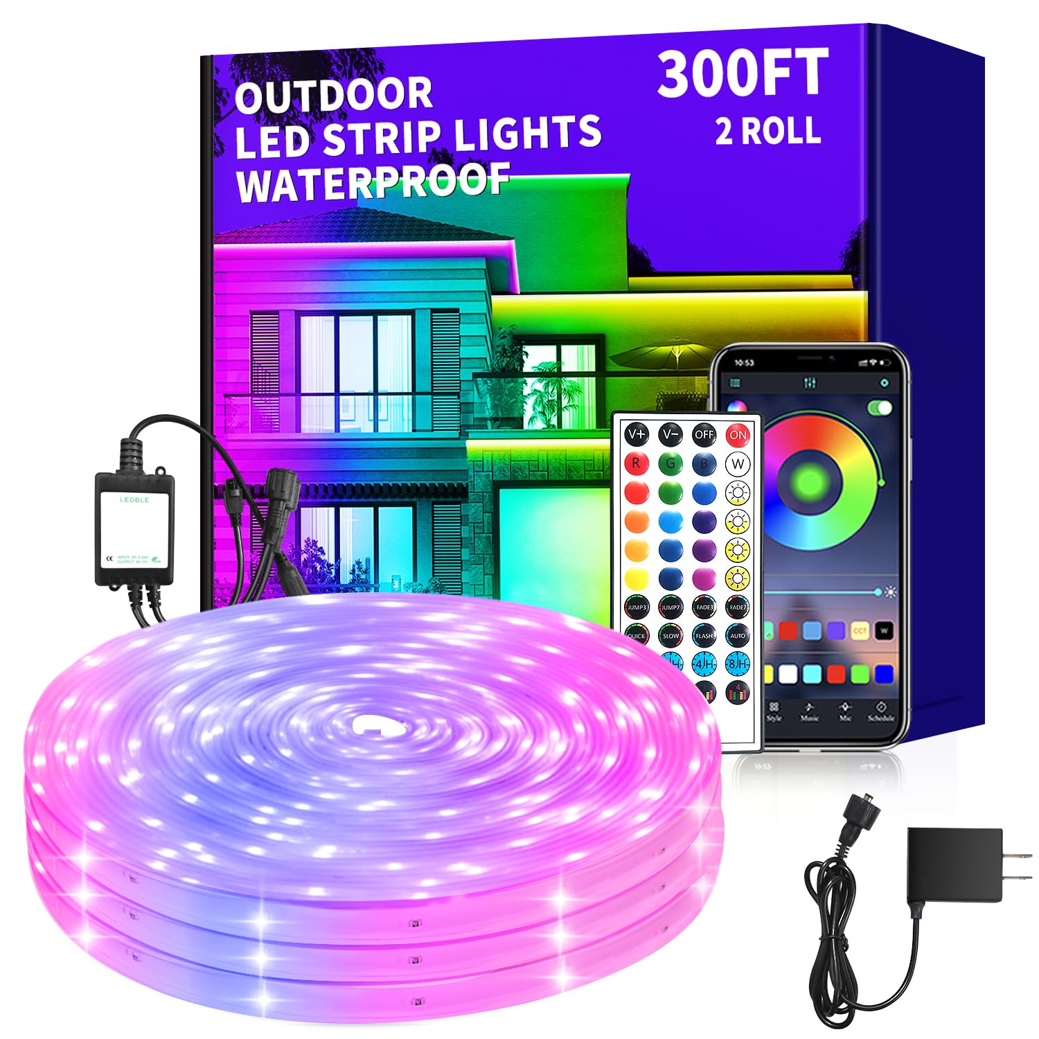 vimeepro Outdoor LED Strip Lights, 300ft IP68 Waterproof, RGB Color, Remote & App Control, Model vimeepro-ledFS5M03