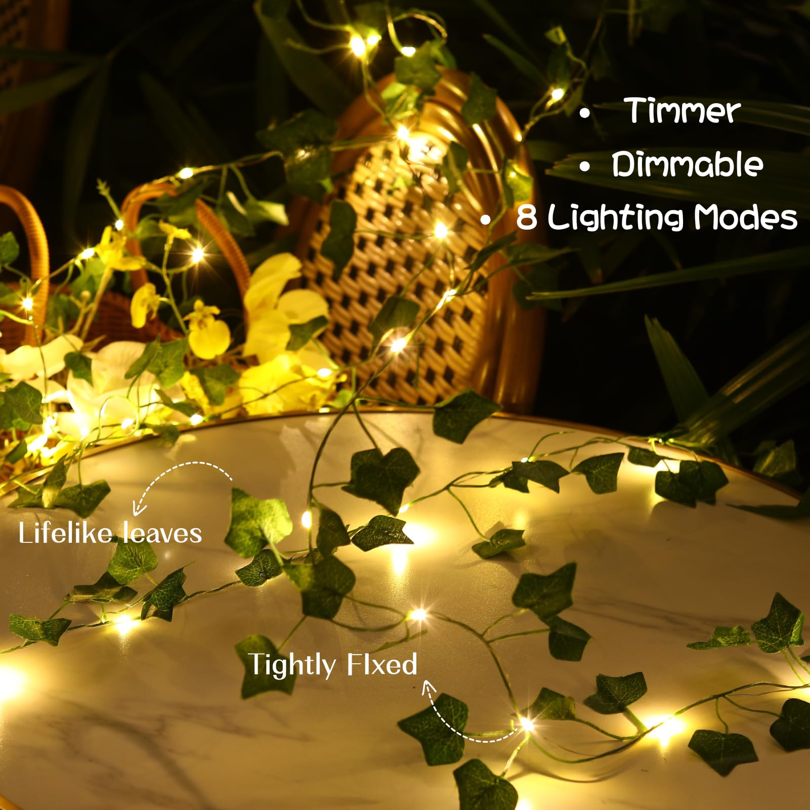 Nakolulu 40ft Ivy String Lights, 120 LED Warm White, USB & Battery Operated, Timer, 8 Modes, Model IVSL
