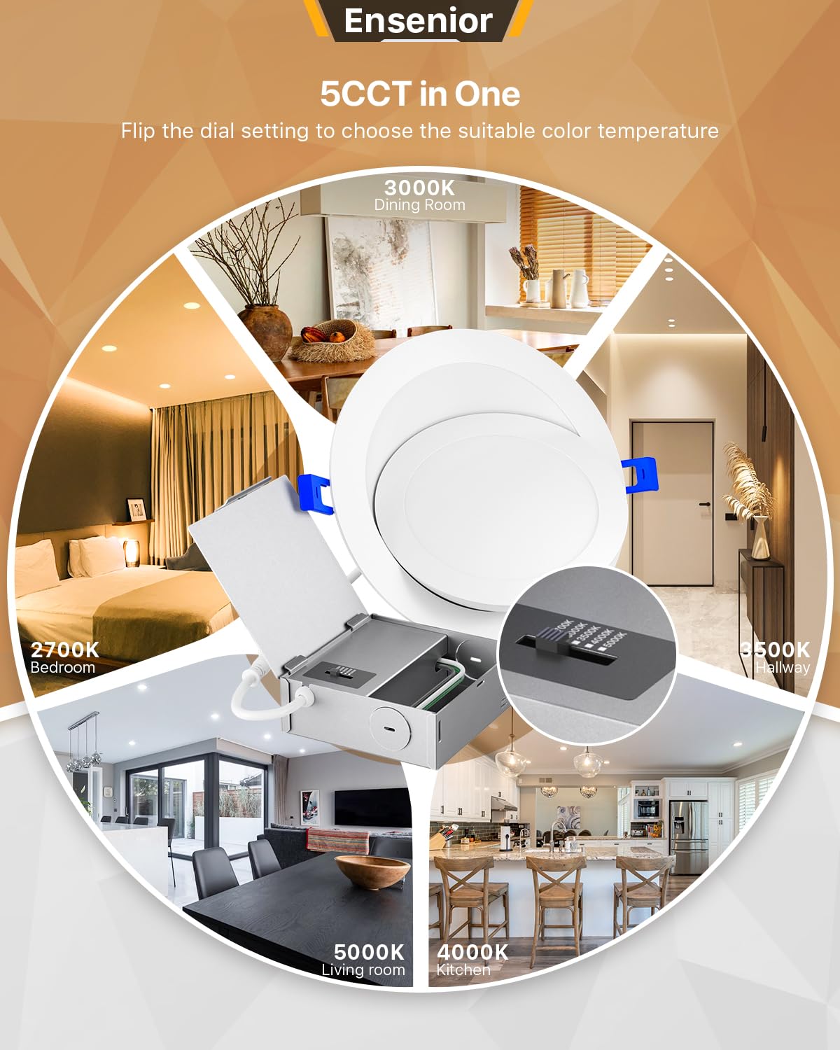 Ensenior 12 Pack 6" LED Eyeball Recessed Lighting, Dimmable, 2700K-5000K, White, Aluminum, 1300LM,