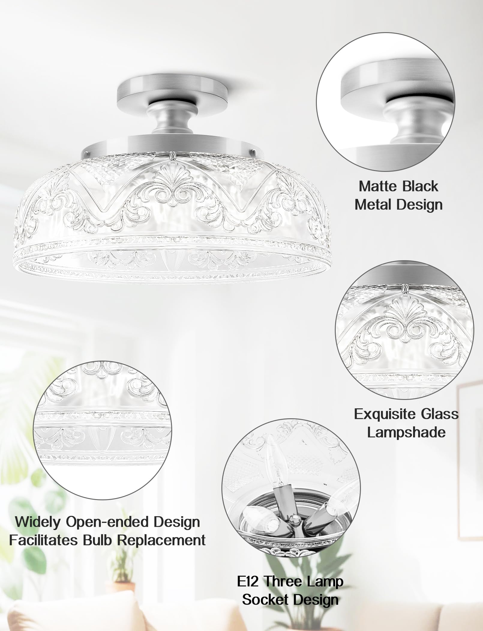 Slypadan Semi Flush Mount Ceiling Light, 12 Inch Large Silver Ceiling Light Fixture, 3-Light Globe Glass Farmhouse Kitchen Light