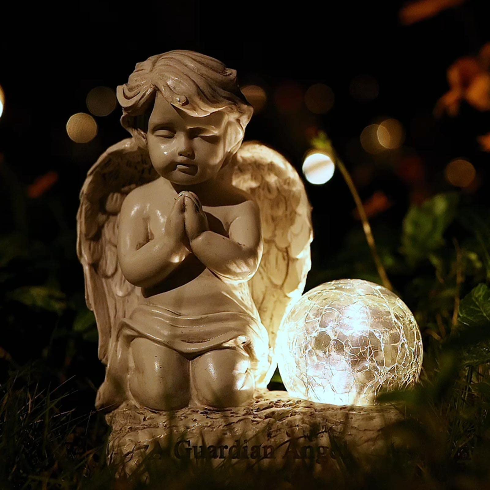 Foreby Angel Statue Garden Decor, White Resin Cherubs with Solar  le Glass Globe, Model A-006