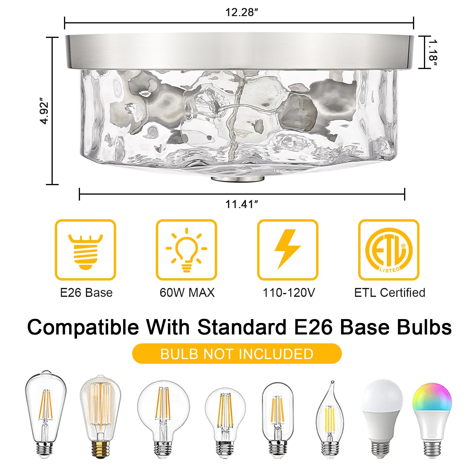 Luminzone Flush Mount Ceiling Light With Water Ripple Glass Shade, Modern 2-Light Ceiling Light Fixtures, Brushed Nickle Finishe