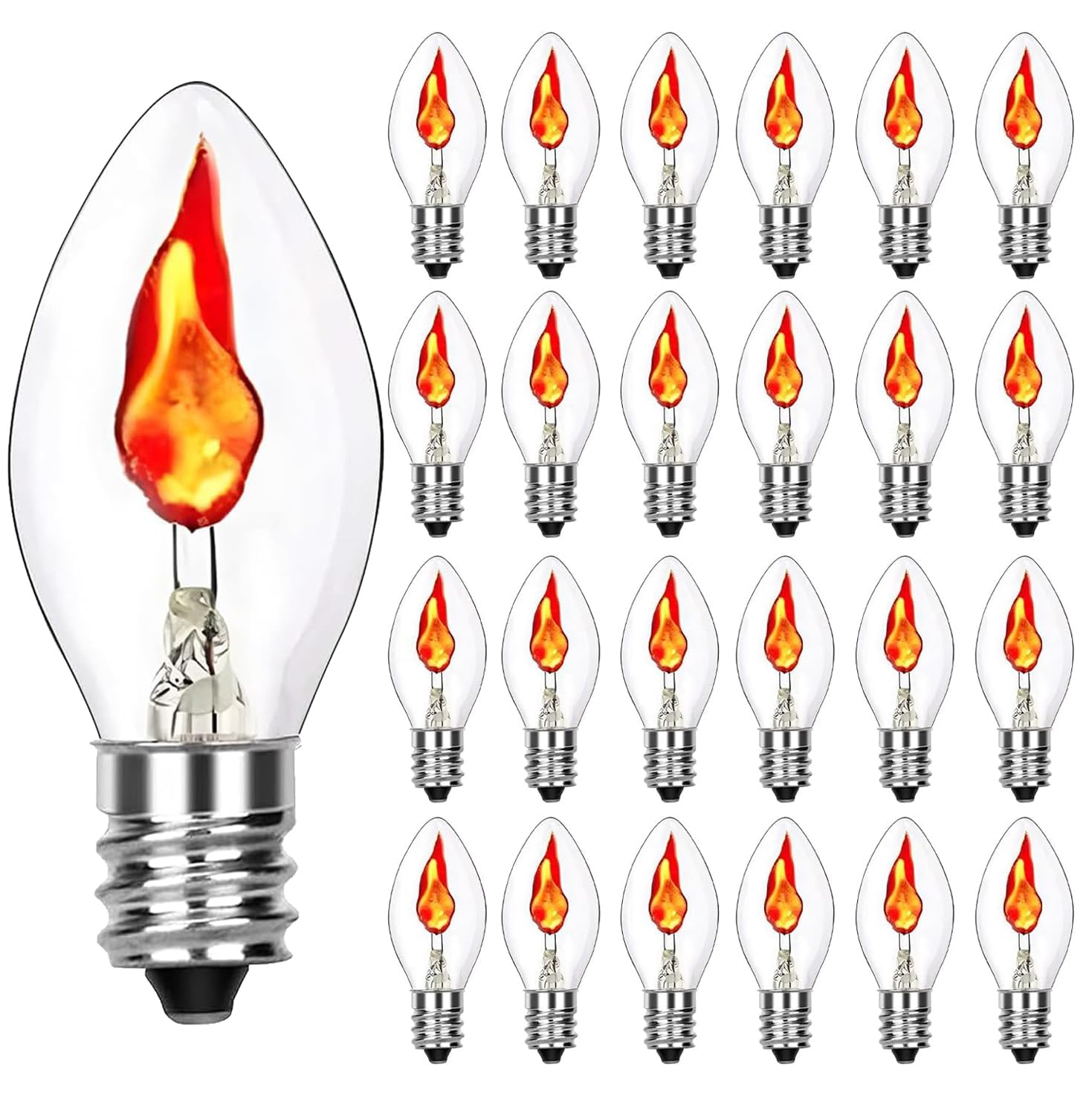 Sunsgne C7 Flicker Flame Light Bulbs, 1W Clear Glass, E12 Base, 25 Pack, Orange Glow For Halloween & Christmas Decorations