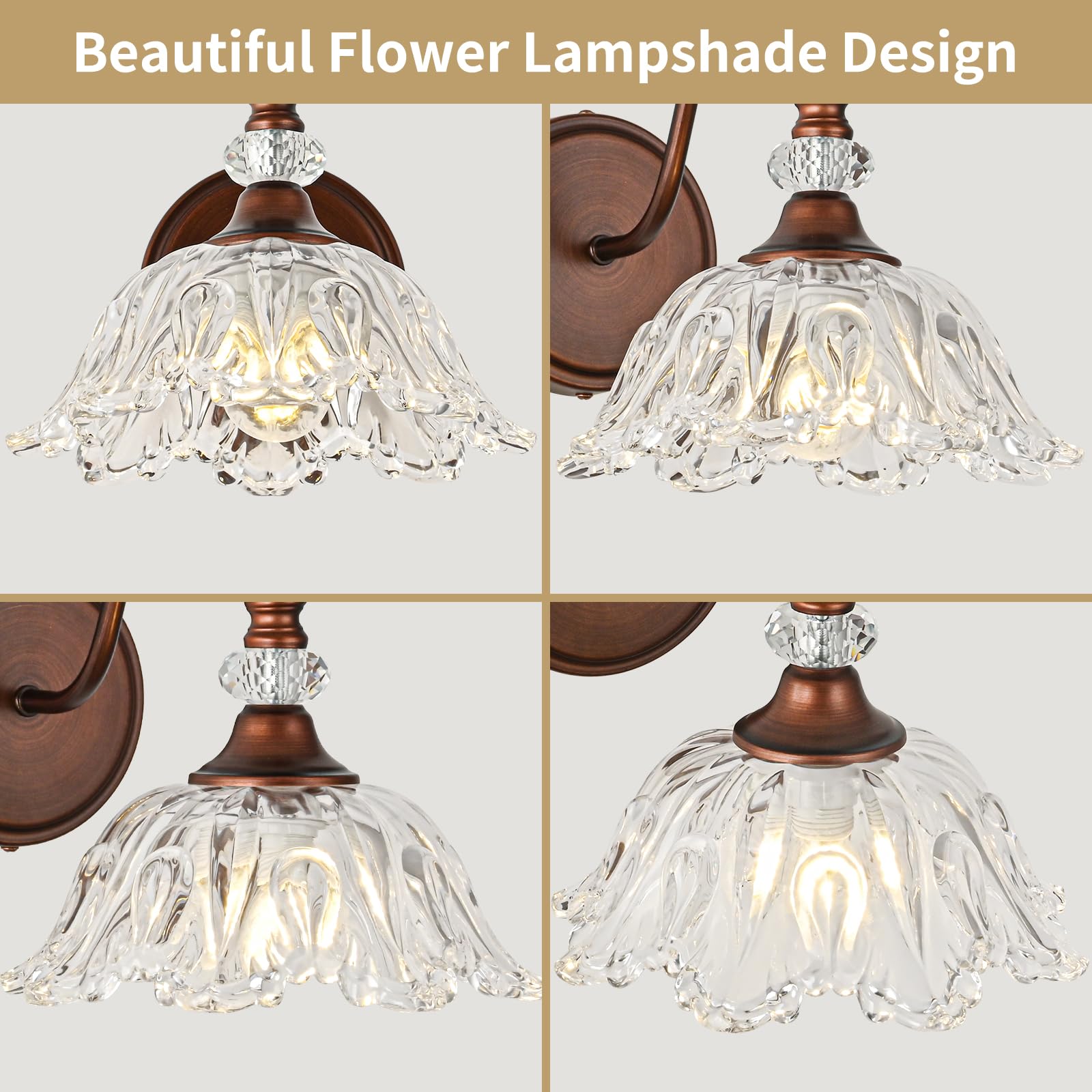 sunkryster 1-Light Oil-Rubbed Bronze Vintage Wall Sconce with Floral Glass Shade, Farmhouse Bathroom Vanity Light, Model Sun-104AB-1-ORB
