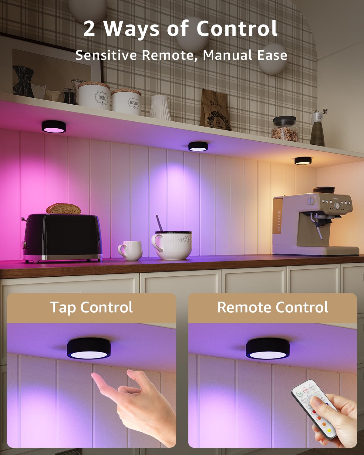 Vloee Rechargeable RGB Puck Lights - 4 Pack, Wireless LED, Remote Control, Magnetic, 2400mAh Battery, Ideal for Closet & Kitchen