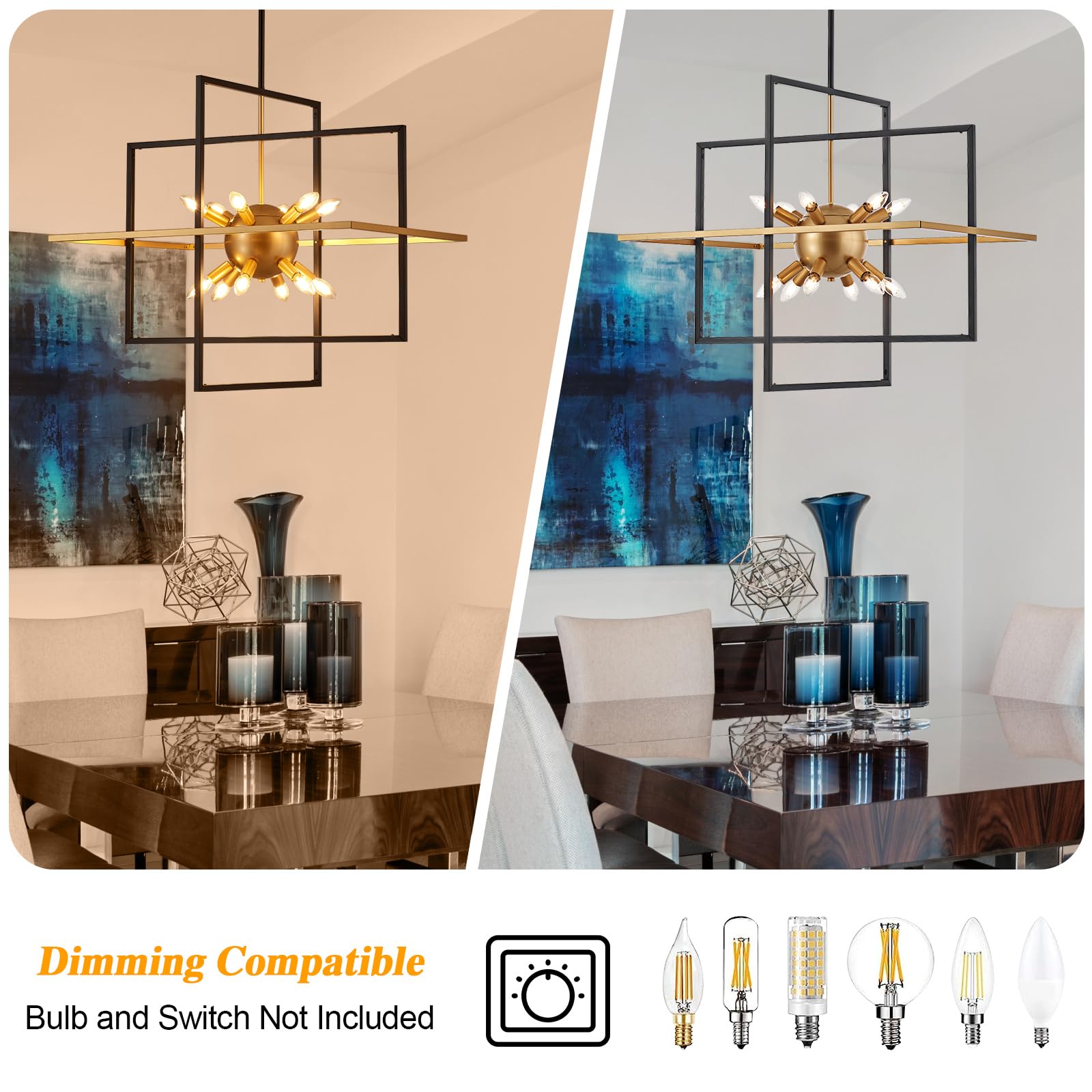 Tacdandm 31.5'' Large Modern Lantern Chandeliers, 12-Light Black Gold Geometric Pendant Light Fixture, Industrial Hanging Chandelier For Entryway Foyer Hallway Dining Room, Kitchen Island