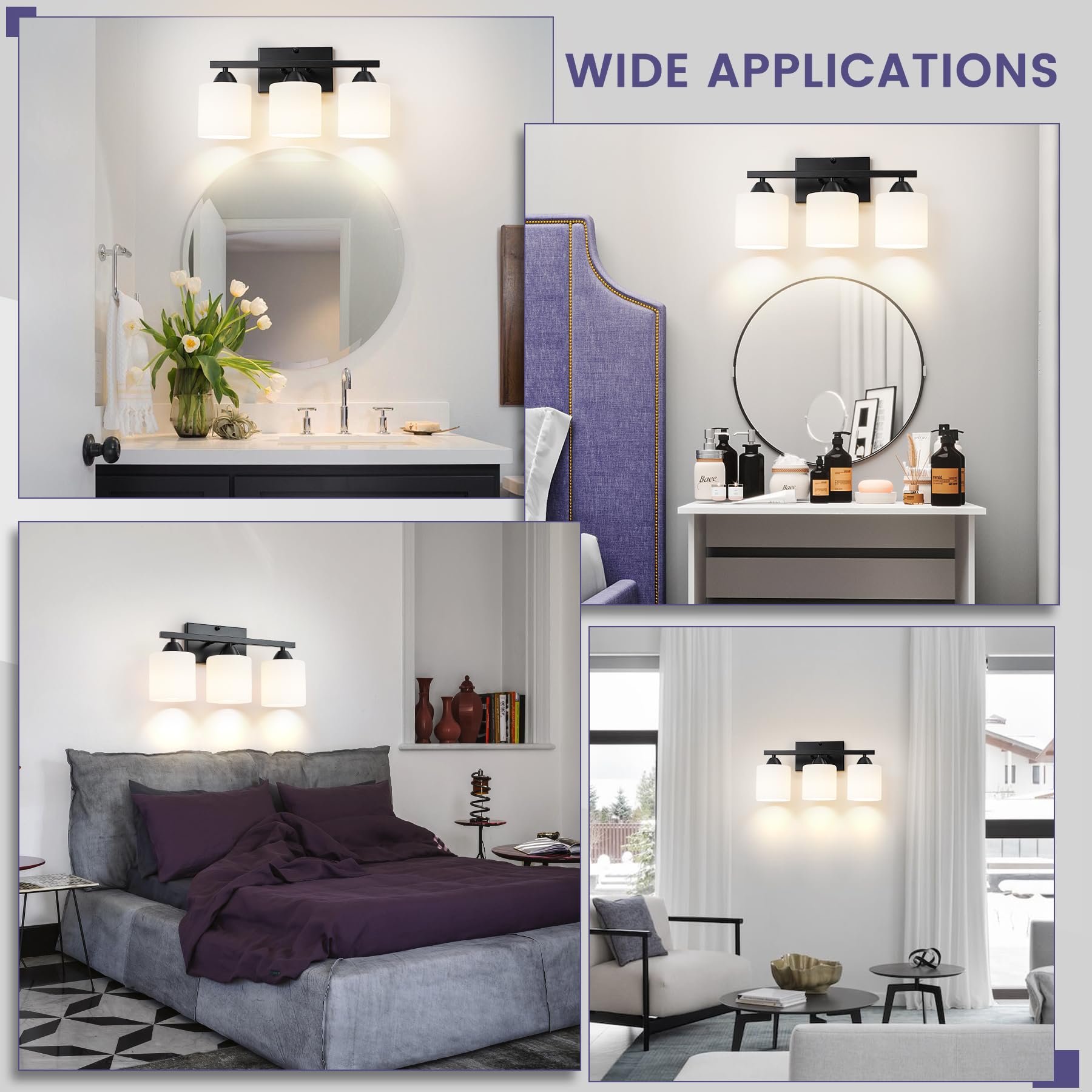 CANMEIJIA 3-Light Bathroom Vanity Light Fixture, Matte Black, Aluminum, Milky White Glass Shades, Model CMJ-JQD-001