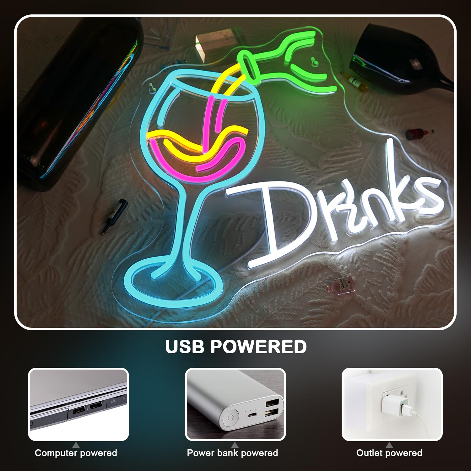 Nosun Drink Neon Sign Neon Pouring Wine Drinking   Led Lights For Wall Decor Usb Light Up Signs Home malt-inspired Bar Bedroom Restaurant Man Cave Cafe Bistro Club Party Decorations Gift