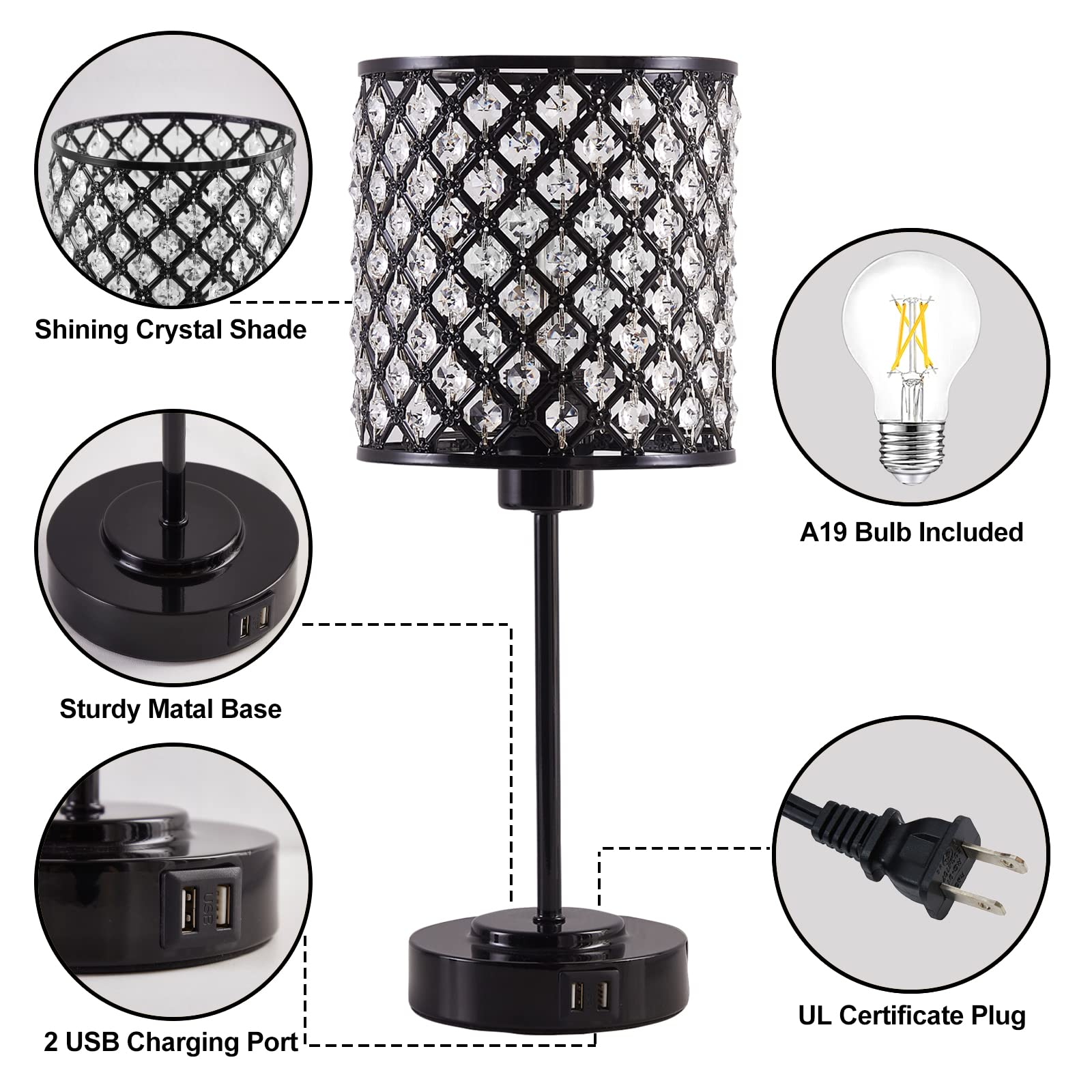 Rayinight Crystal Touch Control Table Lamp With 2 Usb Charging Ports, 3-Way Dimmable Black Crystal Table Bedside Lamp Nightstand