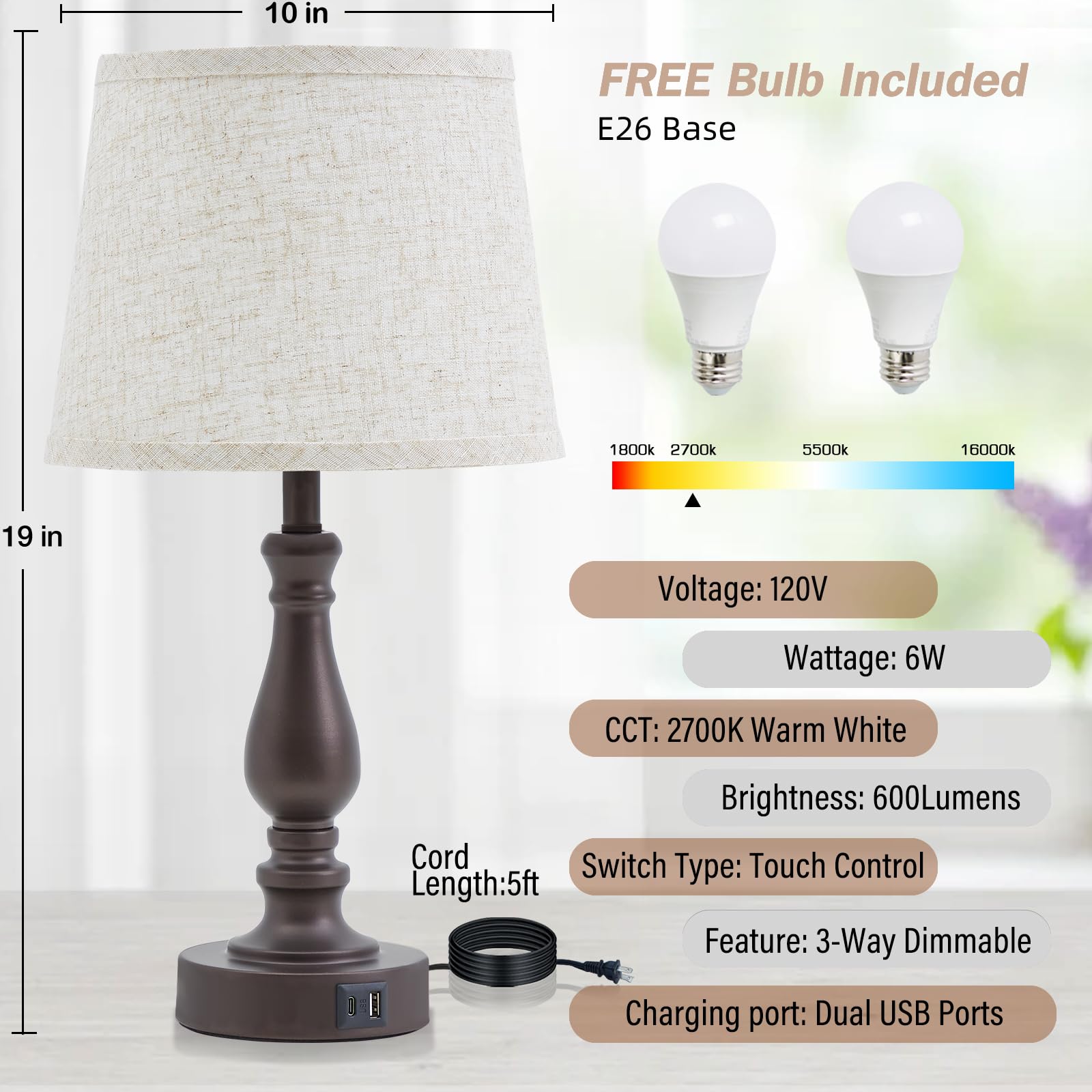 EJIAXIN Touch Table Lamps Set of 2 - 3 Way Dimmable with USB C+A Ports - Beige Shade and Brown Base - Model 98008H