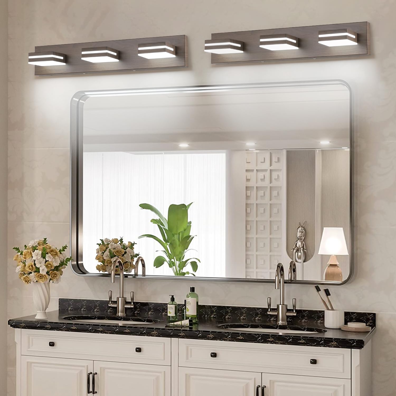 Sinerise Led Modern Bathroom Vanity Light Fixtures (3-Light, 24-Inch, Dimmable), Brown Wood Painted Modern Acrylic Bathroom Wall