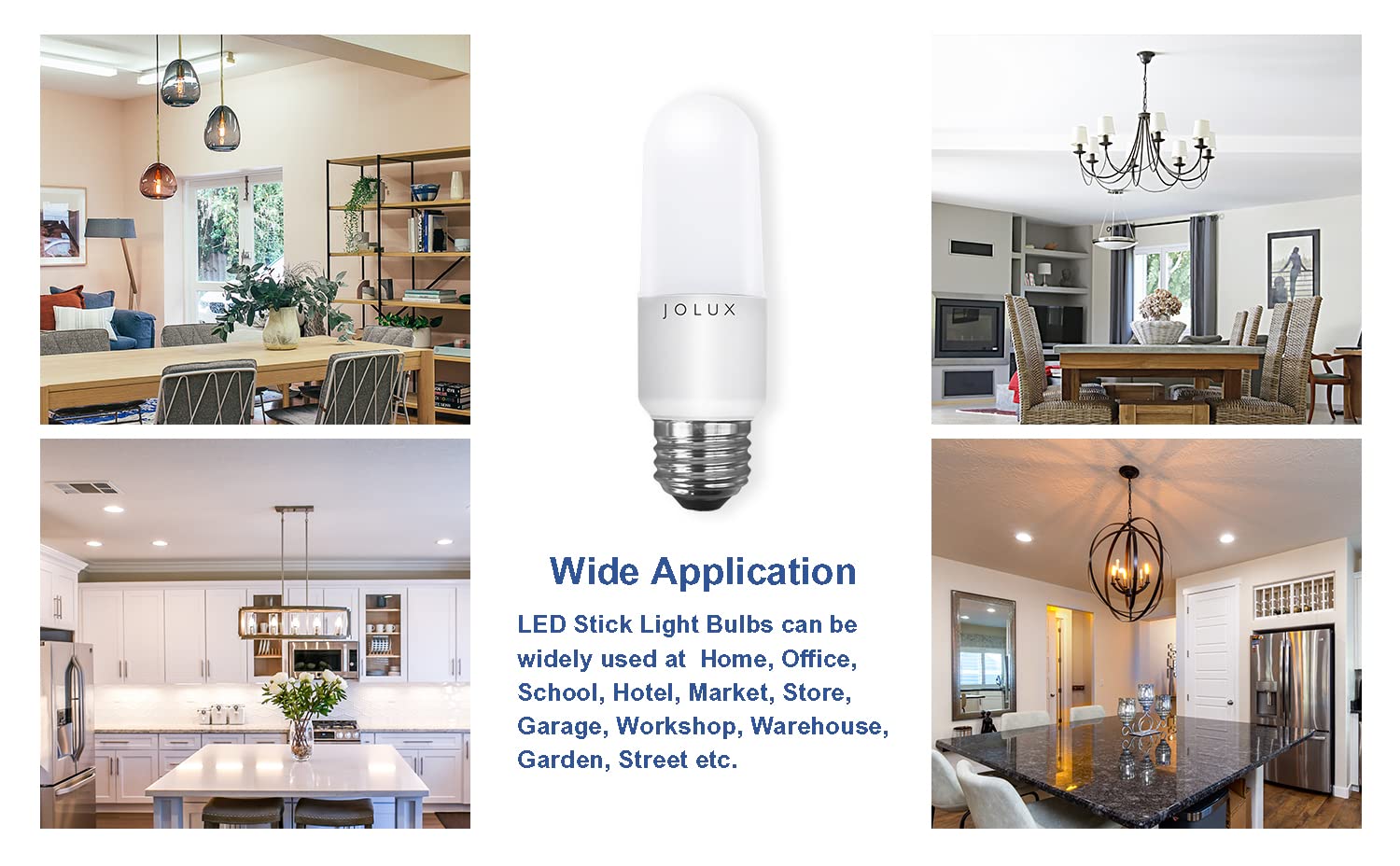 Jolux LED Stick Light Bulbs, 60W Equivalent, 5000K Daylight, E26 Base, Non-Dimmable, 6 Count, Enclosed Fixture Rated, T608