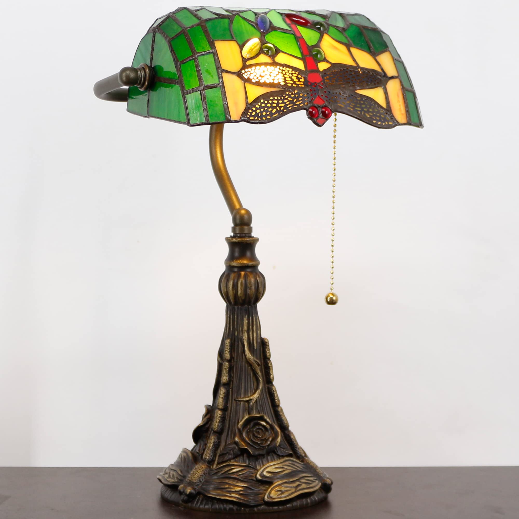 SYETL Tiffany Small Stained Glass Banker Lamp, Green Dragonfly Style, Adjustable Angle, 10.6x15.7 Inch for Home Office & Living Room