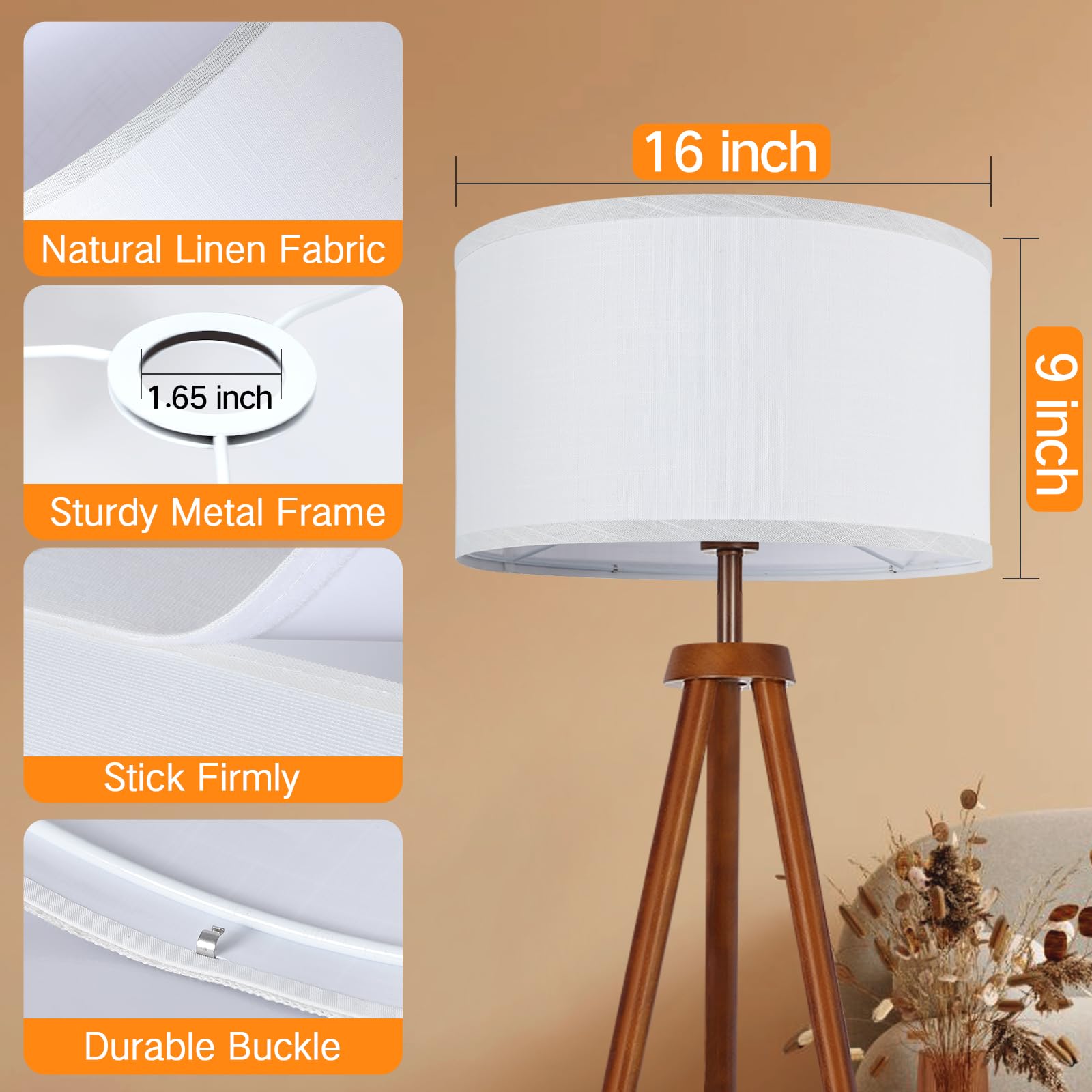 Outon Drum Lamp Shades For Floor Lamps, 16'' Top X16 ''Bottom X 9'' High, Easy To Assemble, Replacement White Lampshades For Tab