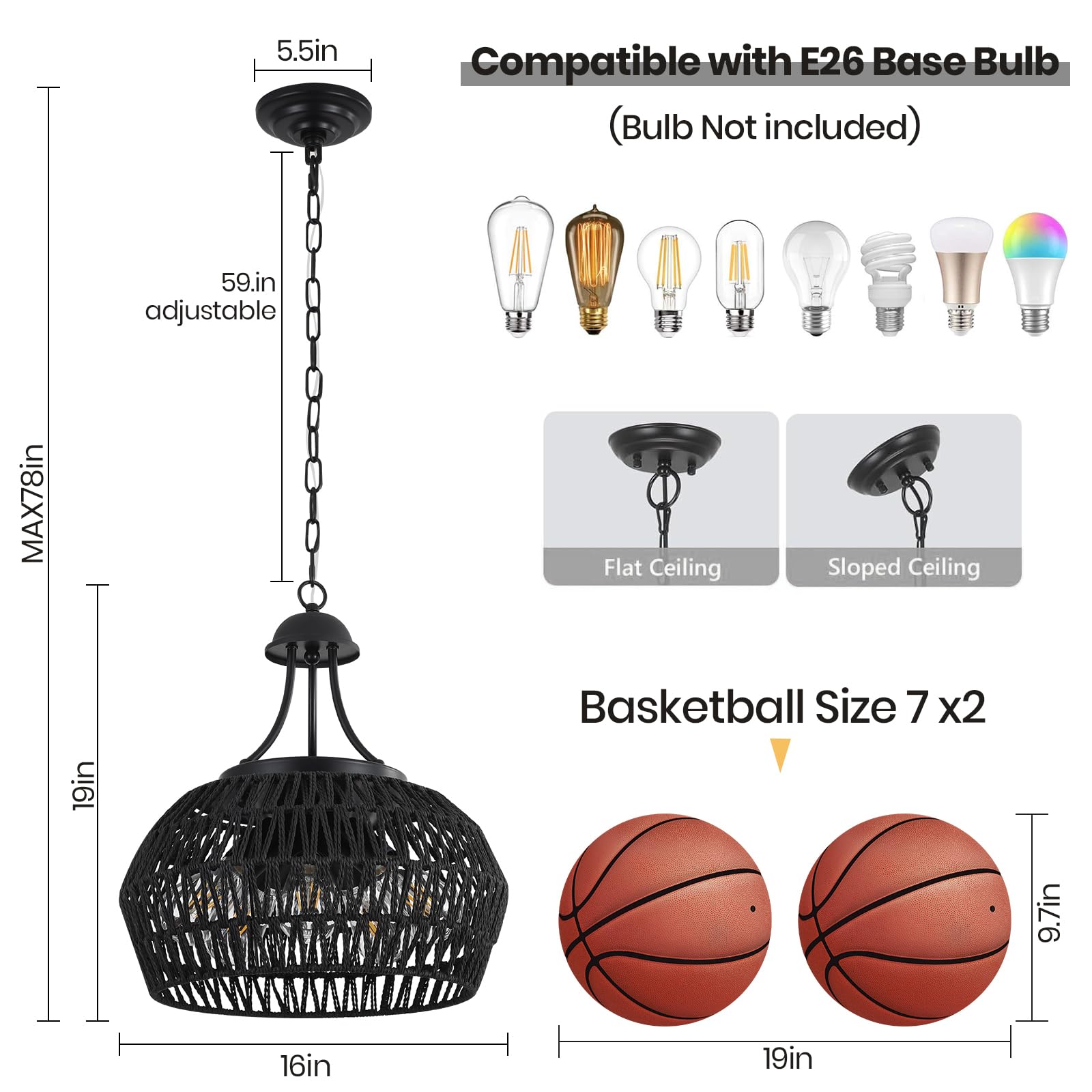 5-Light Black Rattan Chandeliers For Dining Room, Farmhouse Chandelier Light Fixture With Wicker Lampshade, Large Boho Coastal H