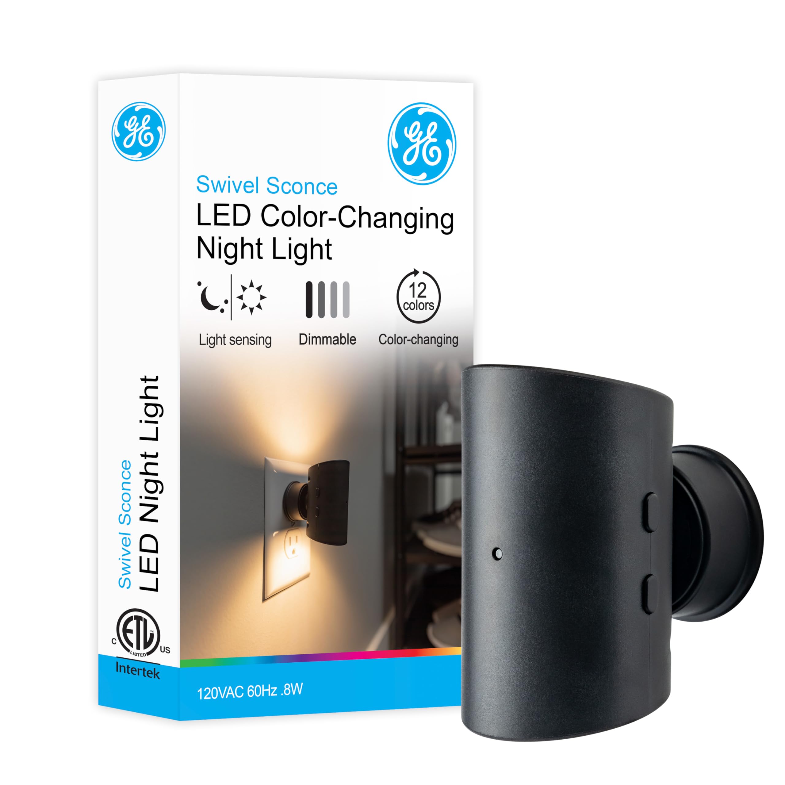 GE Directional LED Swivel Sconce Night Light, Dimmable, Warm White, Plug-in, 1 Pack, Sconce Black, Model 82573