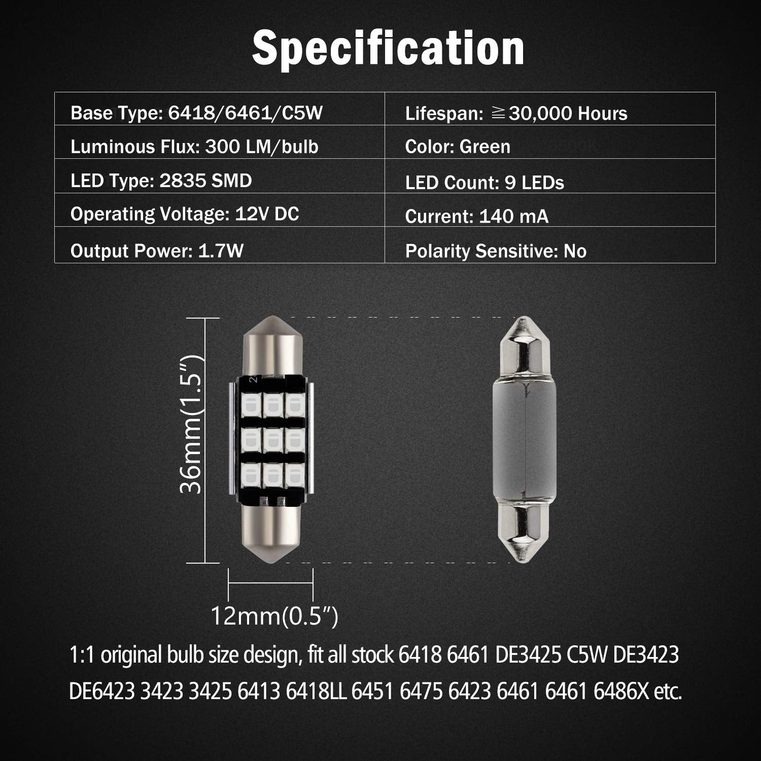 Brishine 6418 Led Bulbs, Super Bright Green 2835 Chipsets Canbus Error Free 36Mm 1.5    Festoon 6411 6461 De3425 C5W Led Bulbs F