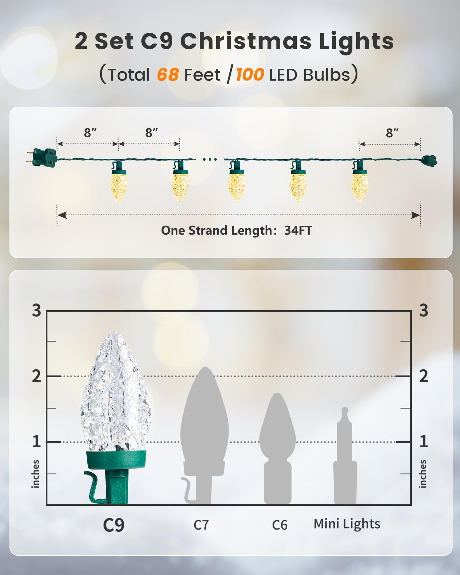Suraielec Warm White Christmas Lights Outdoor, 68 Ft 100 Led C9 Christmas Lights, Extendable String Lights For Christmas Tree Ho